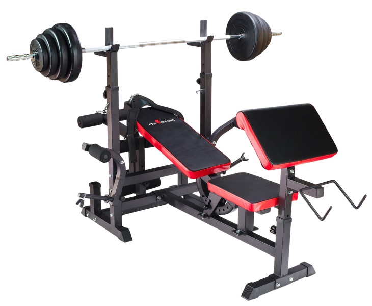 Zestaw do ćwiczeń ŻELIWNY 130kg z ławką treningową PH 20C - ławka, sztanga, gryf łamany, obciążenia żeliwne, hantle