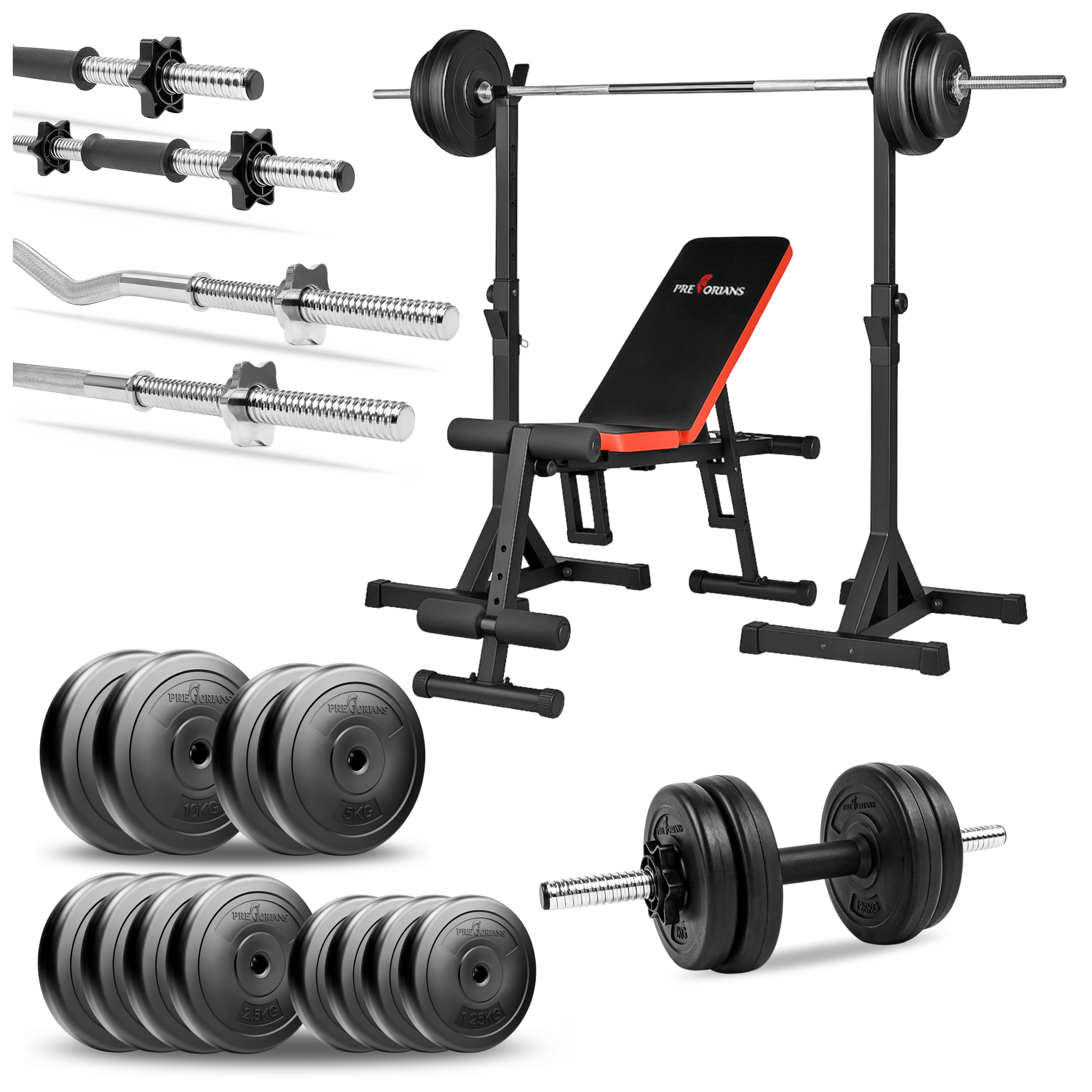 Zestaw do ćwiczeń 82kg z ławką treningową PH102 sztangą / gryfem prostym 180 cm, gryfem lekko łamanym 120cm,  obciążeniem 45 kg i hantlami