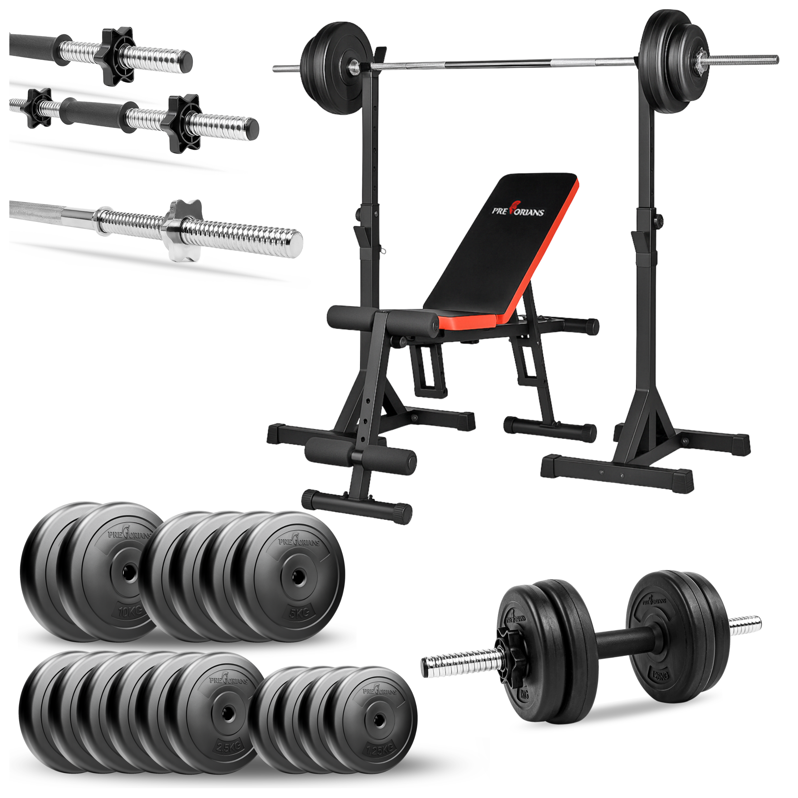 Zestaw do ćwiczeń 92kg z ławką treningową PH102 sztangą / gryfem prostym 180 cm, obciążeniem 60 kg i hantlami