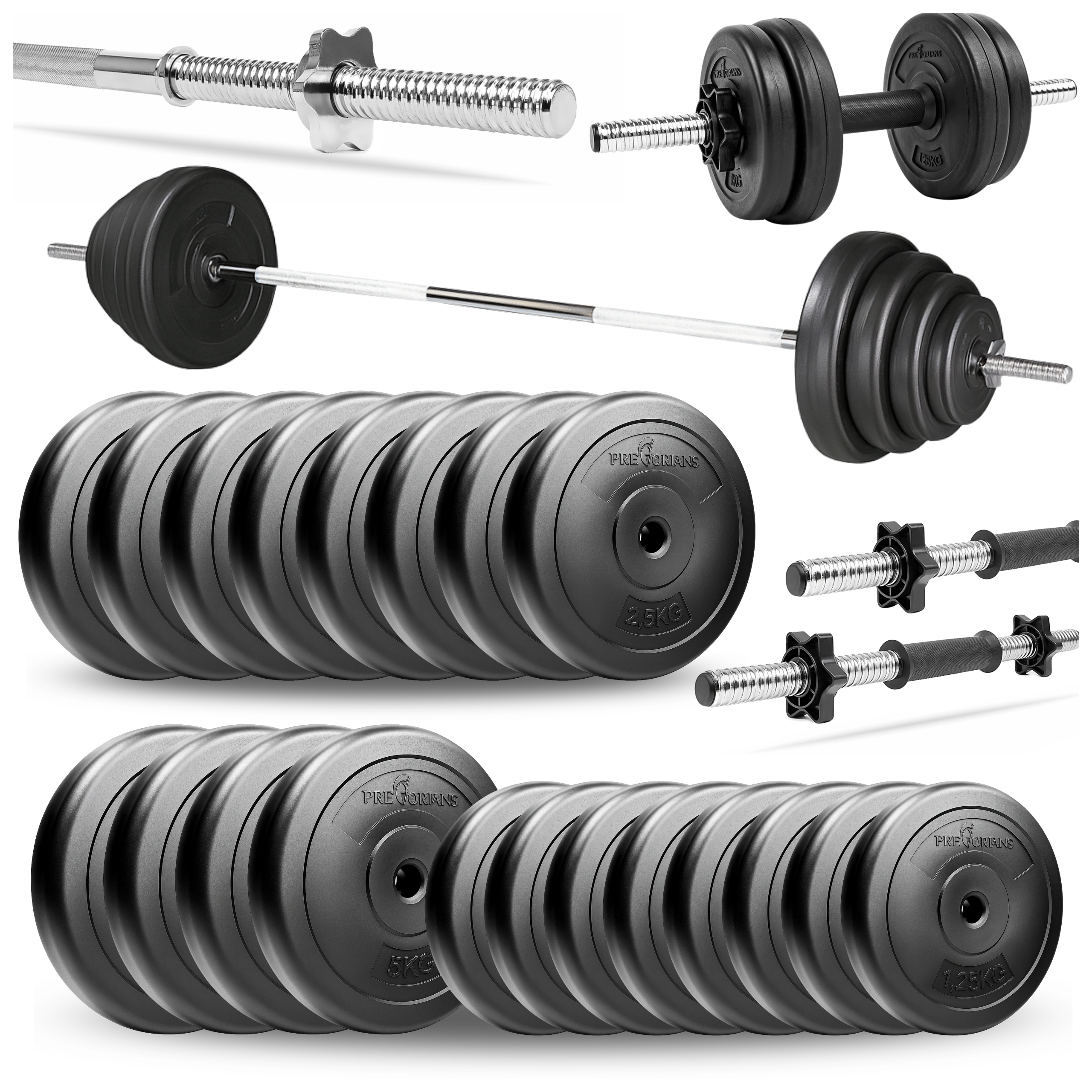 Zestaw do ćwiczeń 57kg - ze sztangą / gryfem prostym 180 cm, nakładem obciążeń i hantlami