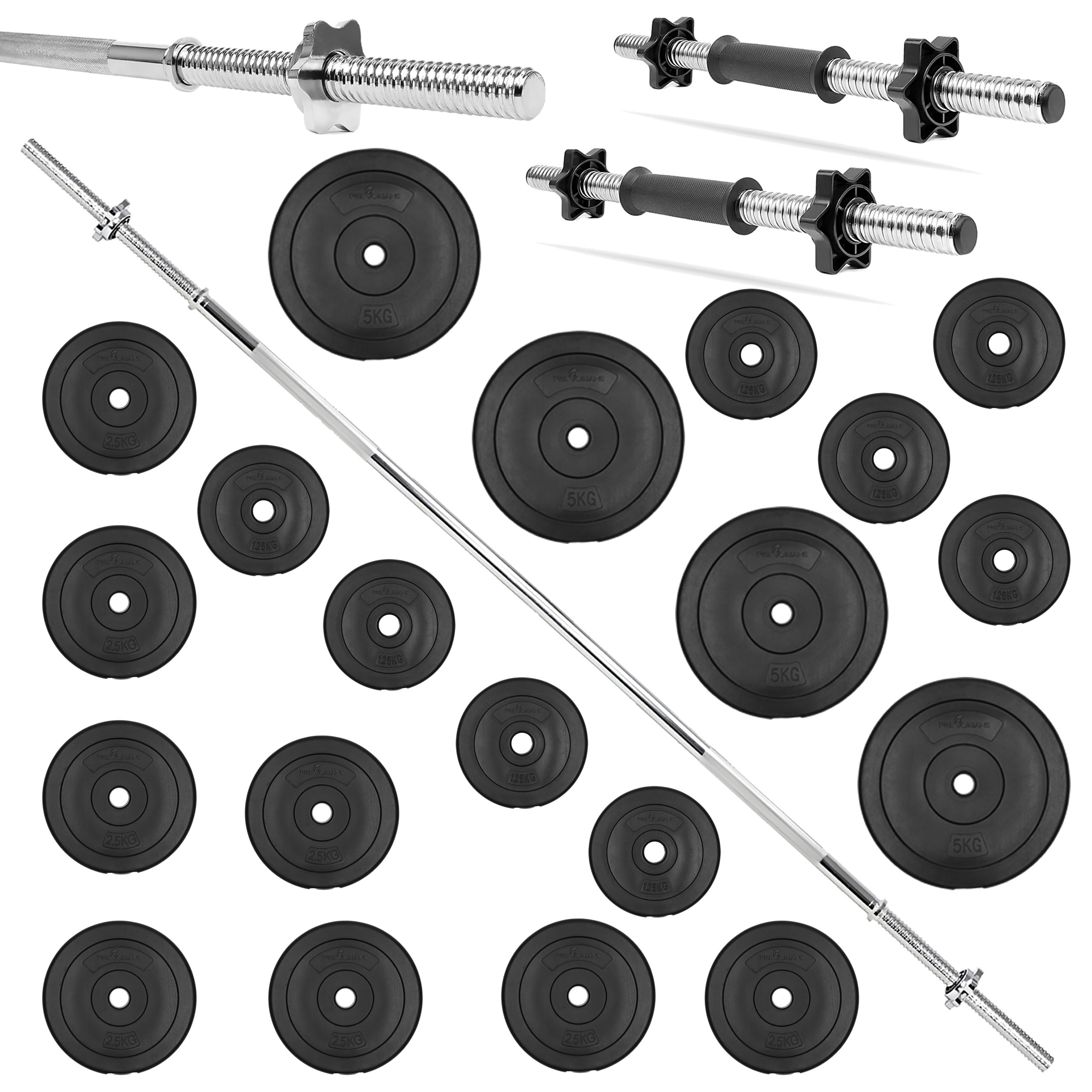 Zestaw do ćwiczeń 57kg - ze sztangą / gryfem prostym 180 cm, nakładem obciążeń i hantlami