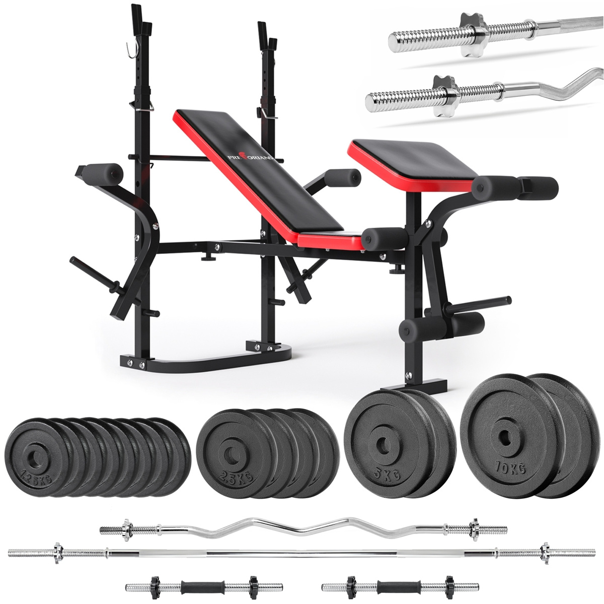 Zestaw do ćwiczeń 91kg z ławką PH 2132 sztangą 180 cm, gryfem 120 cm łamanym, obciążeniem żeliwnym 50 kg i hantlami
