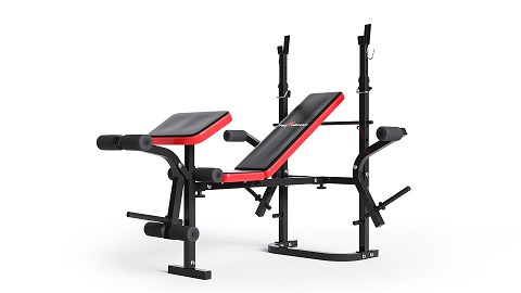 Zestaw do ćwiczeń 91kg z ławką PH 2132 sztangą 180 cm, gryfem 120 cm łamanym, obciążeniem żeliwnym 50 kg i hantlami