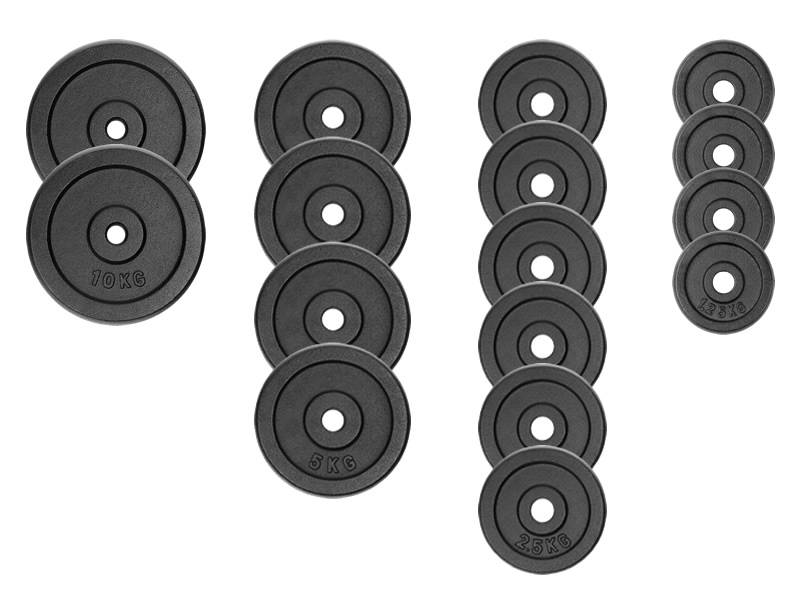 Zestaw do ćwiczeń  96kg z ławką treningową PH 2132, sztangą / gryfem prostym 180 cm, gryfem 120 cm łamanym, nakładem talerzy żeliwnych 60 kg i hantlami
