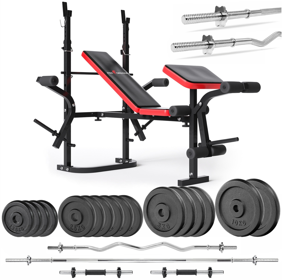 Zestaw do ćwiczeń  96kg z ławką treningową PH 2132, sztangą / gryfem prostym 180 cm, gryfem 120 cm łamanym, nakładem talerzy żeliwnych 60 kg i hantlami
