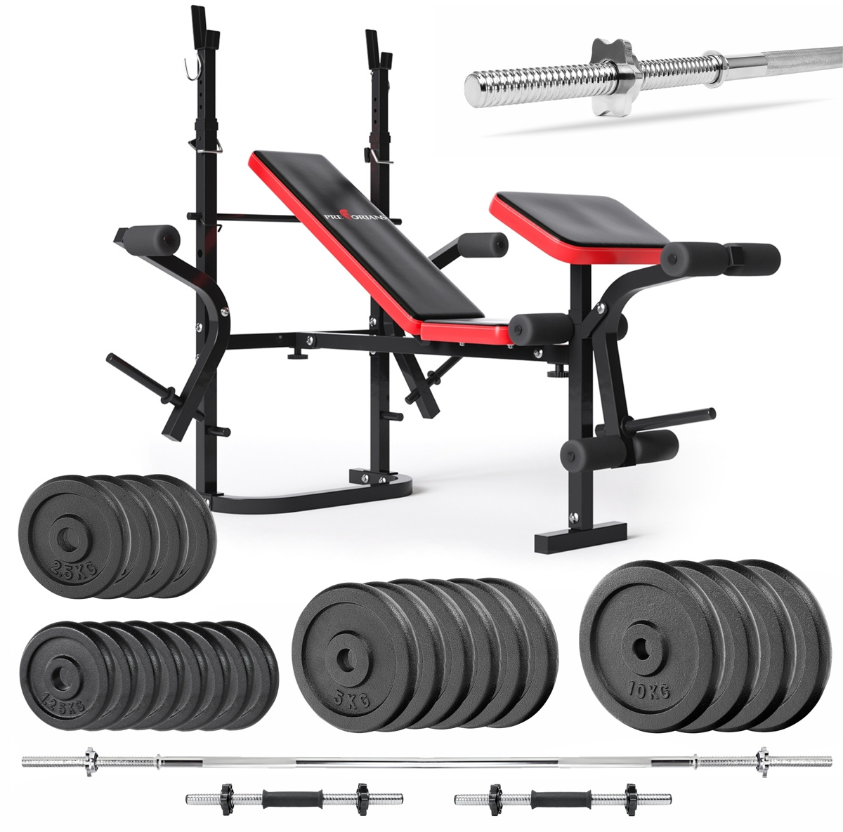 Zestaw do ćwiczeń 123kg z ławką treningową PH 2132 sztangą / gryfem prostym 180 cm, obciążeniem żeliwnym 90 kg i hantlami