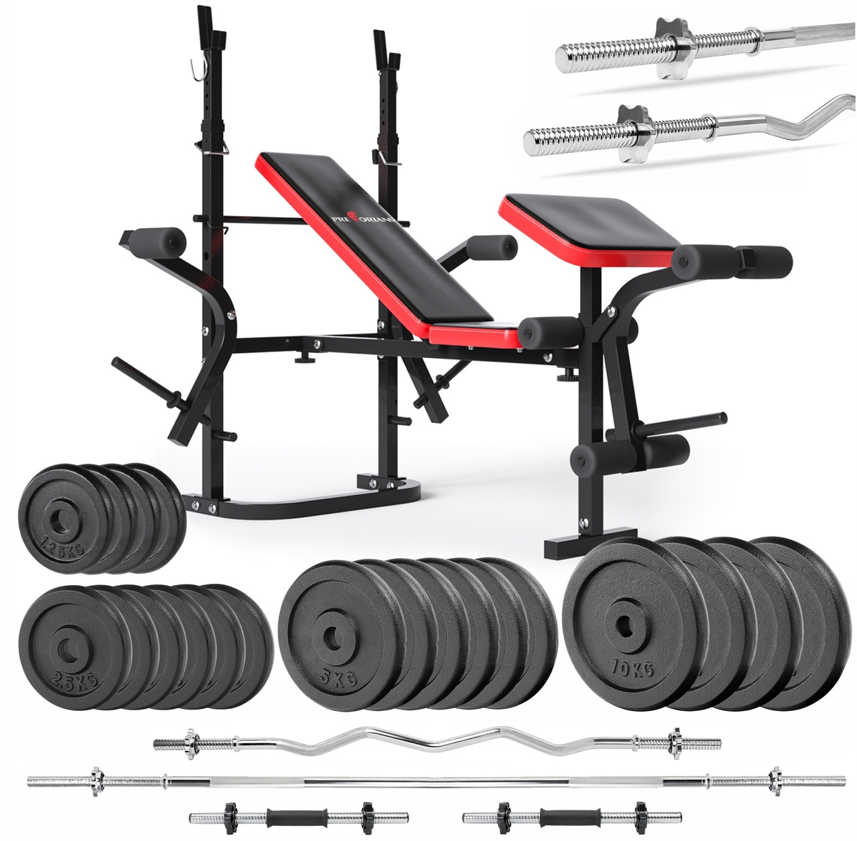 Zestaw do ćwiczeń 126kg z ławką treningową PH 2132 sztangą prostą 180 cm, gryfem 120 cm łamanym, nakładem obciążeń żeliwnych 90 kg i hantlami żeliwo