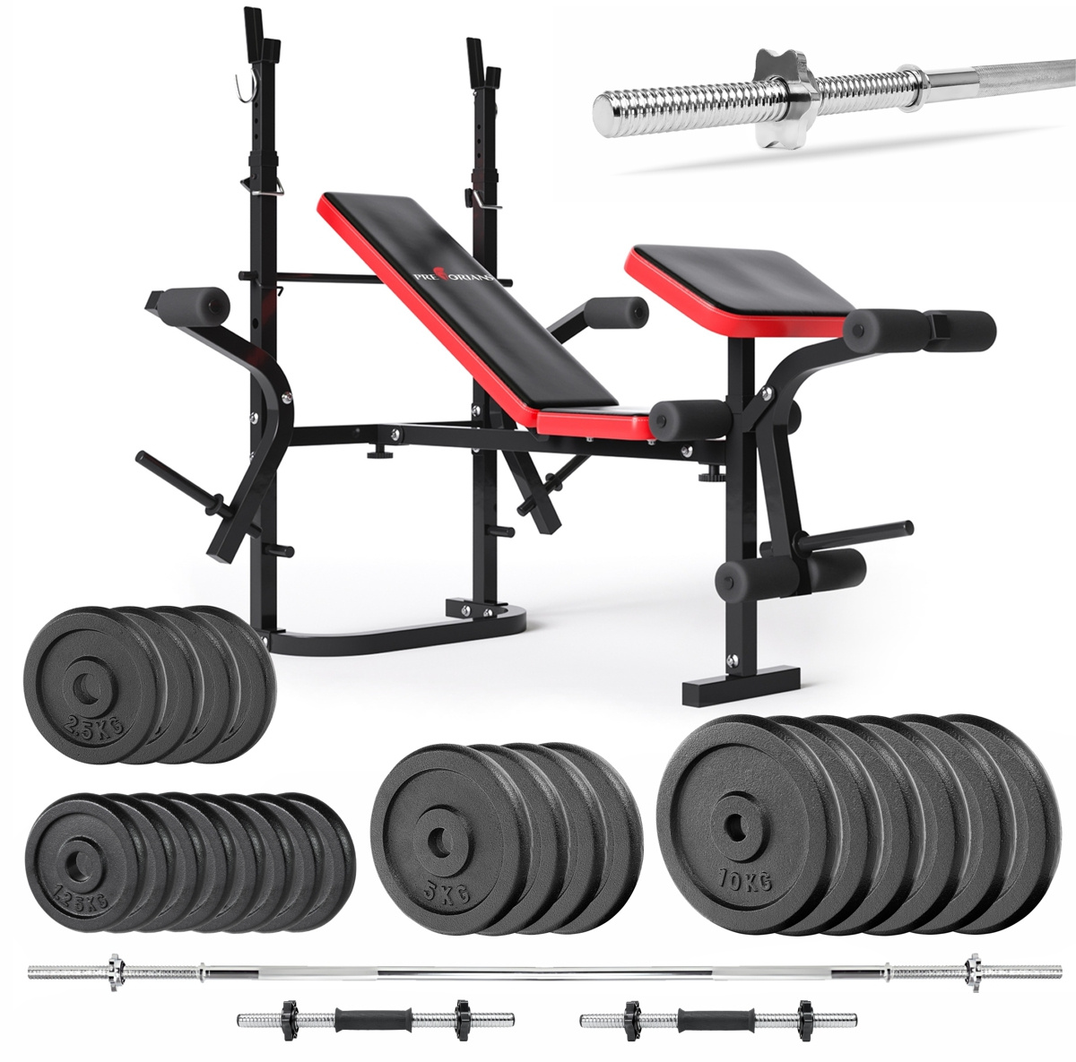 Zestaw do ćwiczeń 132kg z ławką treningową PH 2132 sztangą / gryfem prostym 180 cm, obciążeniem żeliwnym 98 kg i hantlami