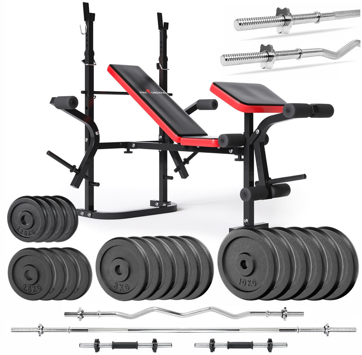 Zestaw do ćwiczeń 141kg z ławką treningową PH 2132 sztangą 180 cm, gryfem 120 cm łamanym, obciążeniem żeliwnym 105 kg i hantlami
