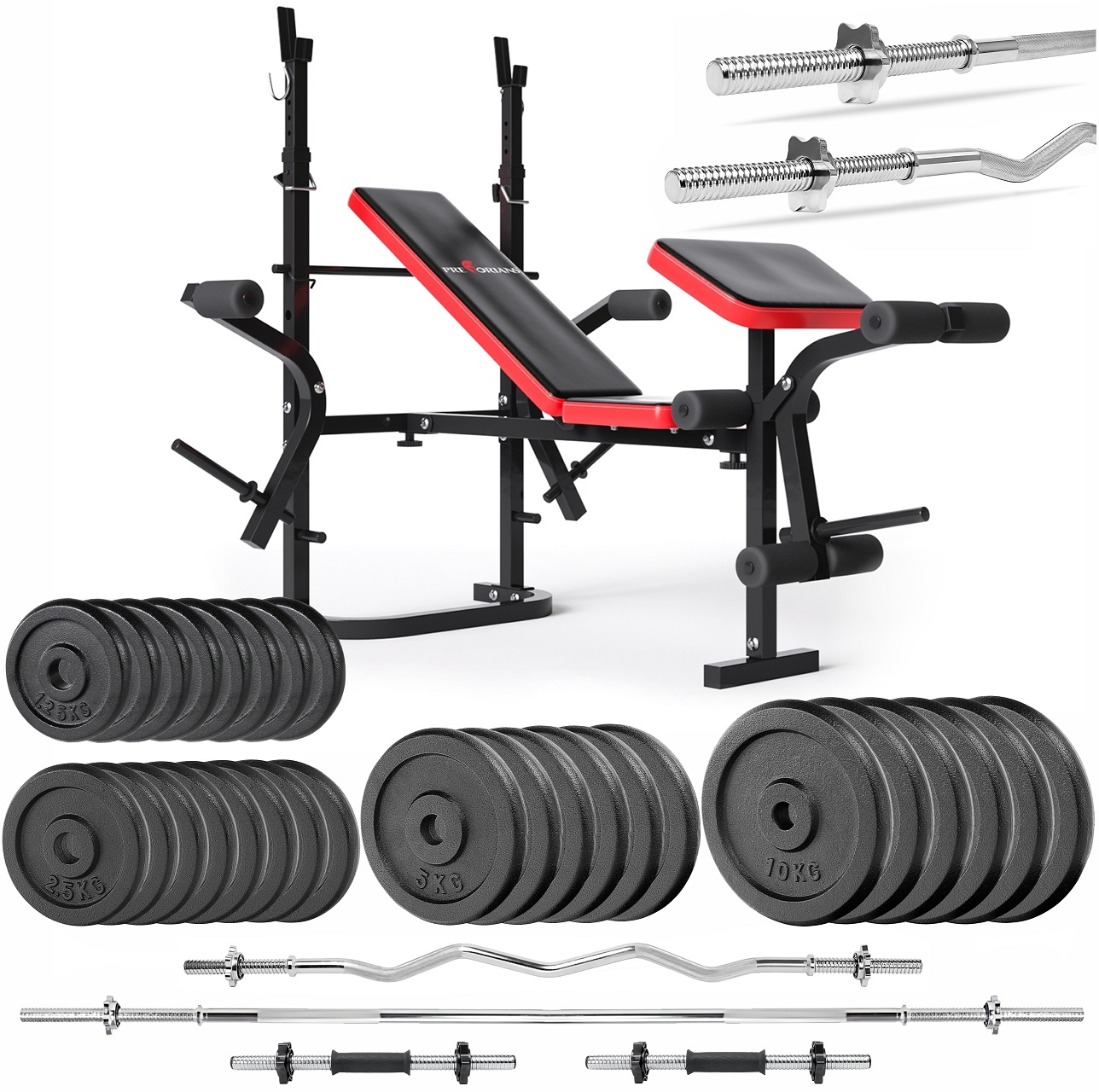 Zestaw do ćwiczeń 156kg z ławeczką treningową PH 2132 sztangą prostą 180 cm, gryfem 120 cm łamanym, zestawem obciążeń żeliwnych 120 kg i hantlami