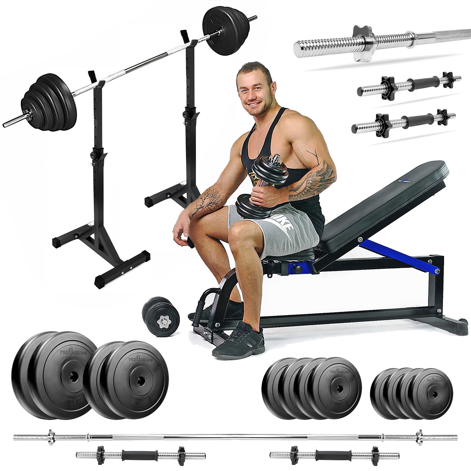 Zestaw do ćwiczeń 90kg z ławką treningową TB1001, stojakami wolnostojącymi, sztangą / gryfem prostym 180 cm, obciążeniem 45 kg i hantlami