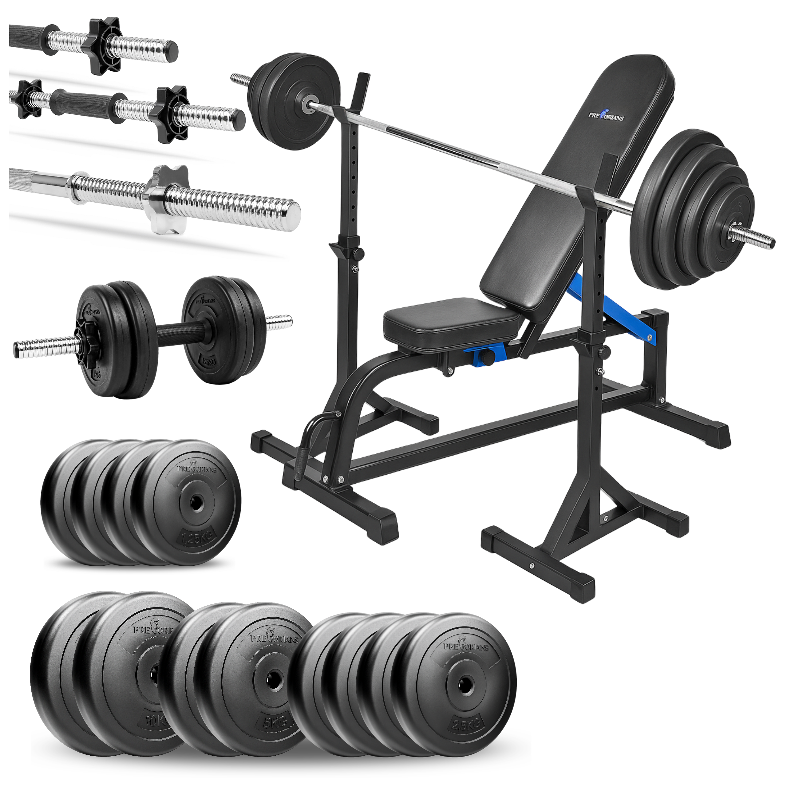 Zestaw do ćwiczeń 90kg z ławką treningową TB1001, stojakami wolnostojącymi, sztangą / gryfem prostym 180 cm, obciążeniem 45 kg i hantlami