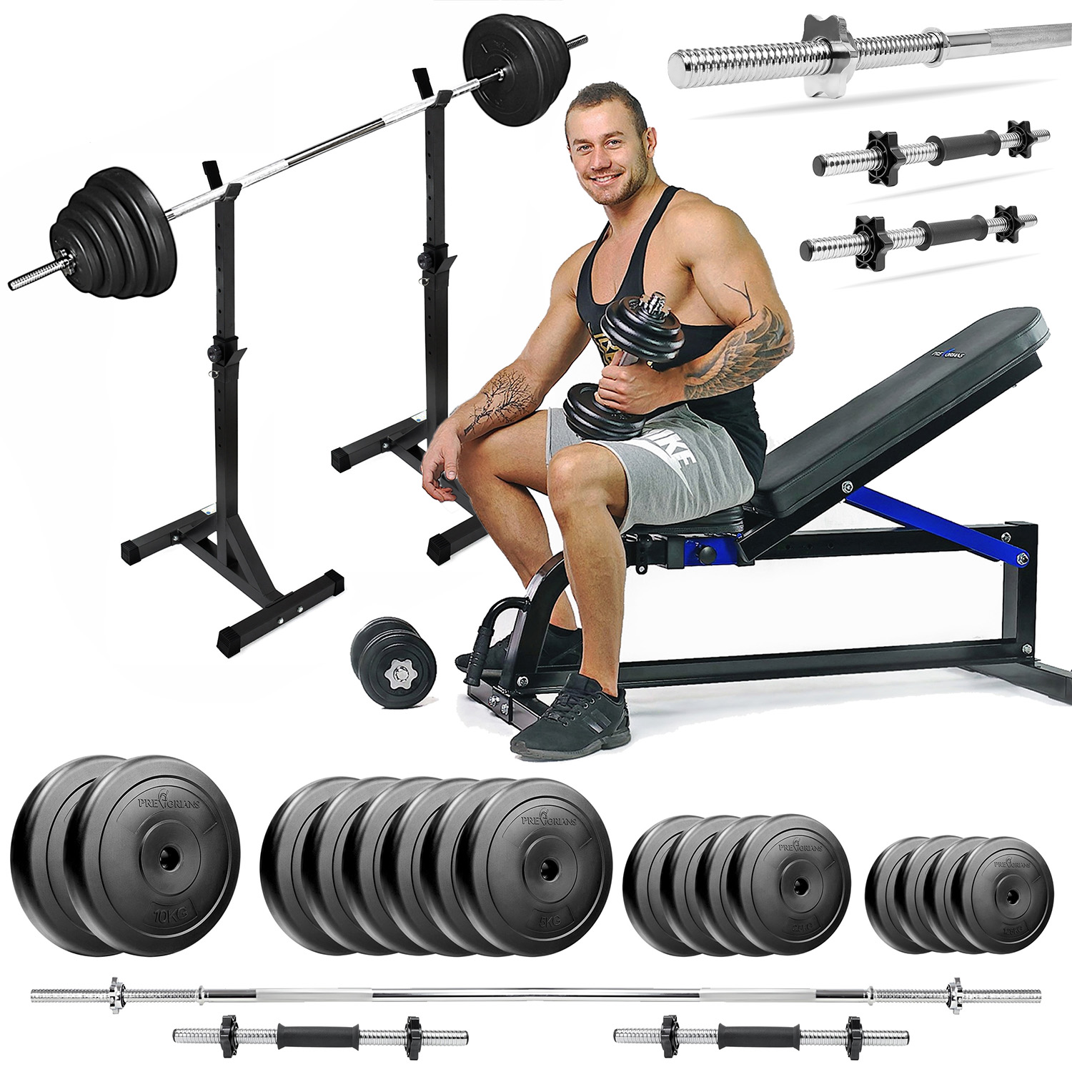 Zestaw do ćwiczeń 110kg z ławką treningową TB1001, stojakami wolnostojącymi, sztangą / gryfem prostym 180 cm, obciążeniem 65 kg i hantlami