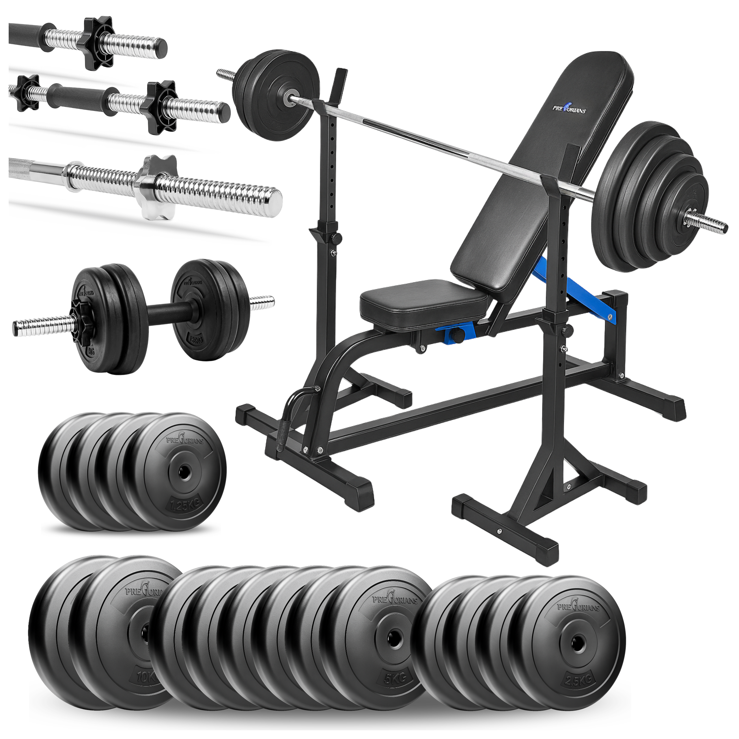 Zestaw do ćwiczeń 110kg z ławką treningową TB1001, stojakami wolnostojącymi, sztangą / gryfem prostym 180 cm, obciążeniem 65 kg i hantlami