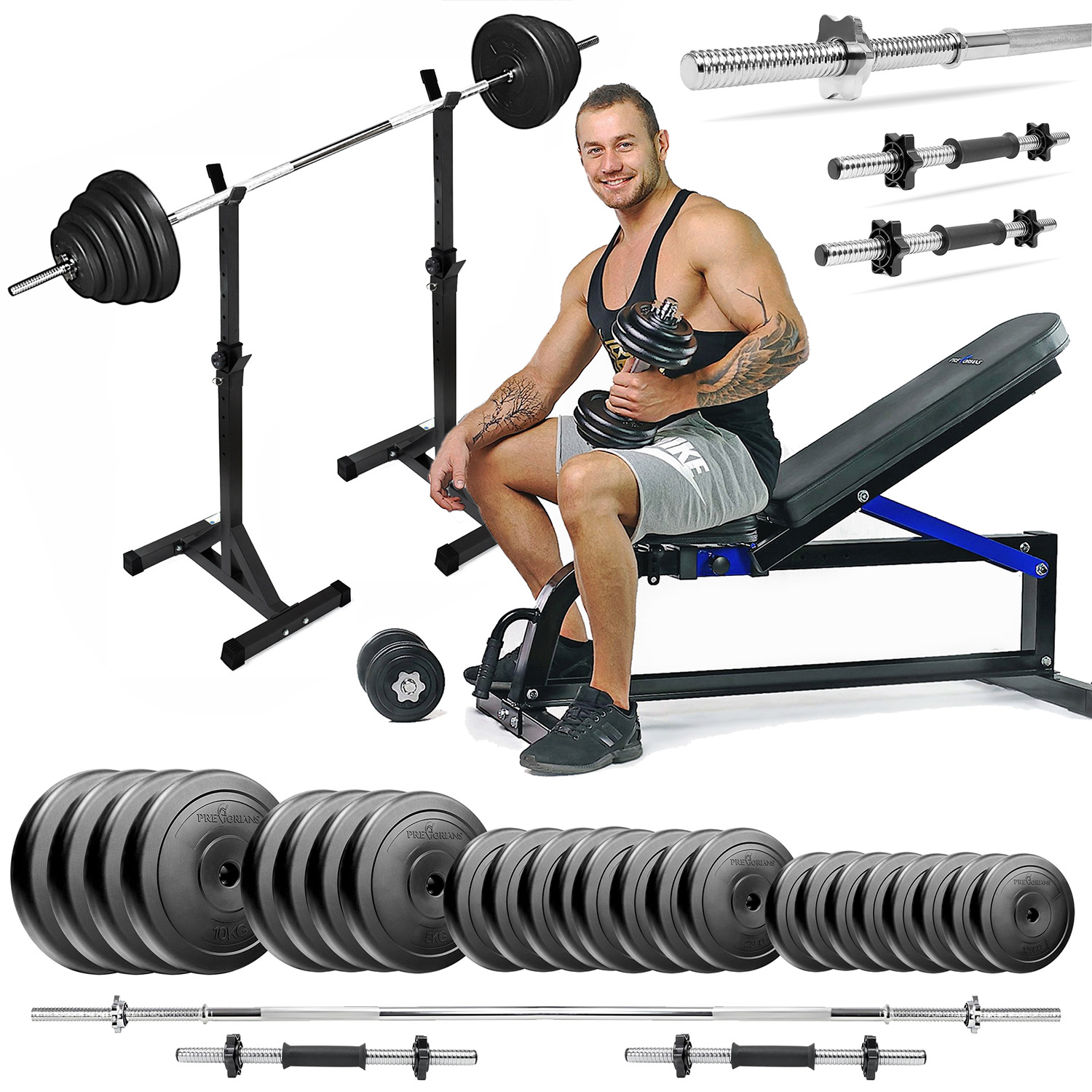 Zestaw do ćwiczeń 135kg z ławką treningową TB1001, stojakami wolnostojącymi, sztangą / gryfem prostym 180 cm, obciążeniem 90 kg i hantlami