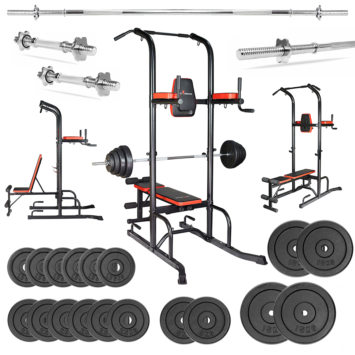 Zestaw do ćwiczeń 137kg z poręczą do podciągania / dipów, ławką, sztangą / gryfem prostym 168 cm, obciążeniem żeliwnym i hantlami