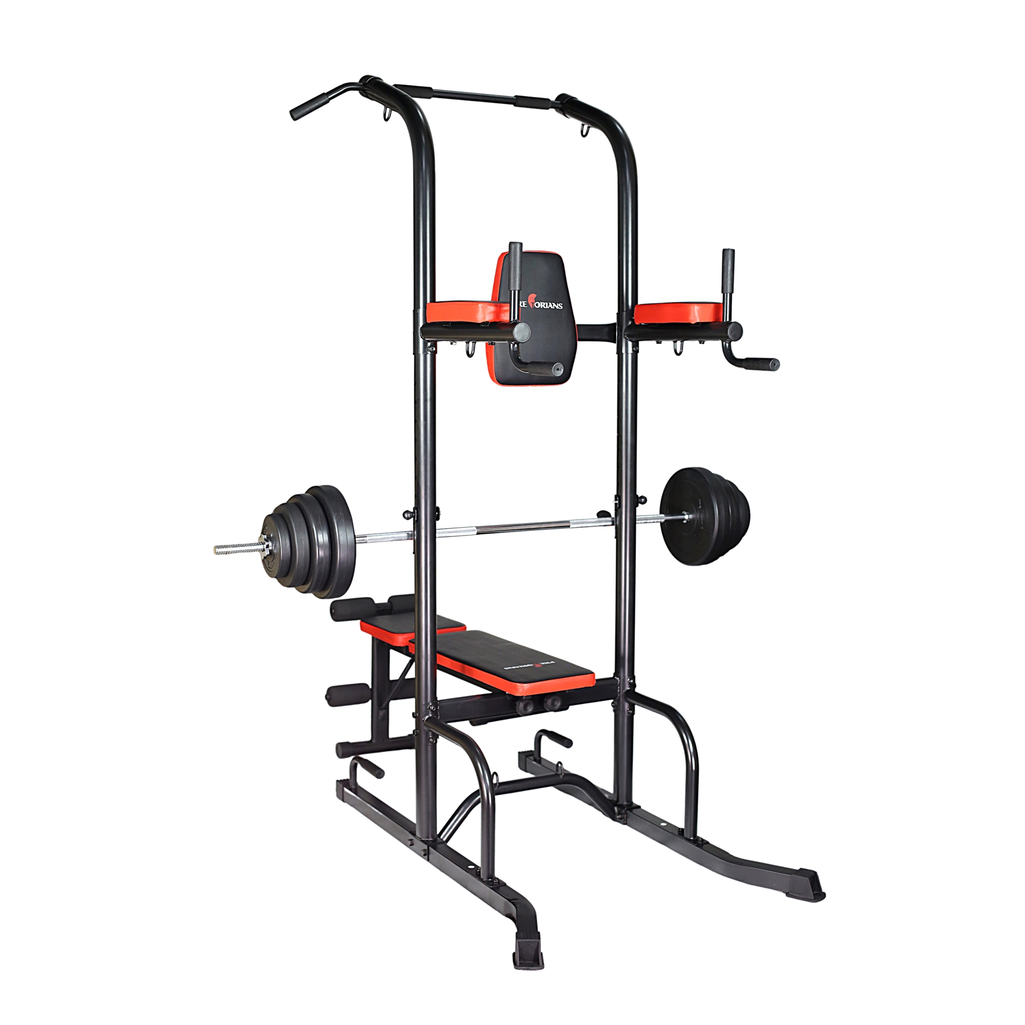 Zestaw do ćwiczeń 157kg z poręczą do podciągania / dipów, ławką, sztangą / gryfem prostym 168 cm, obciążeniem i hantlami