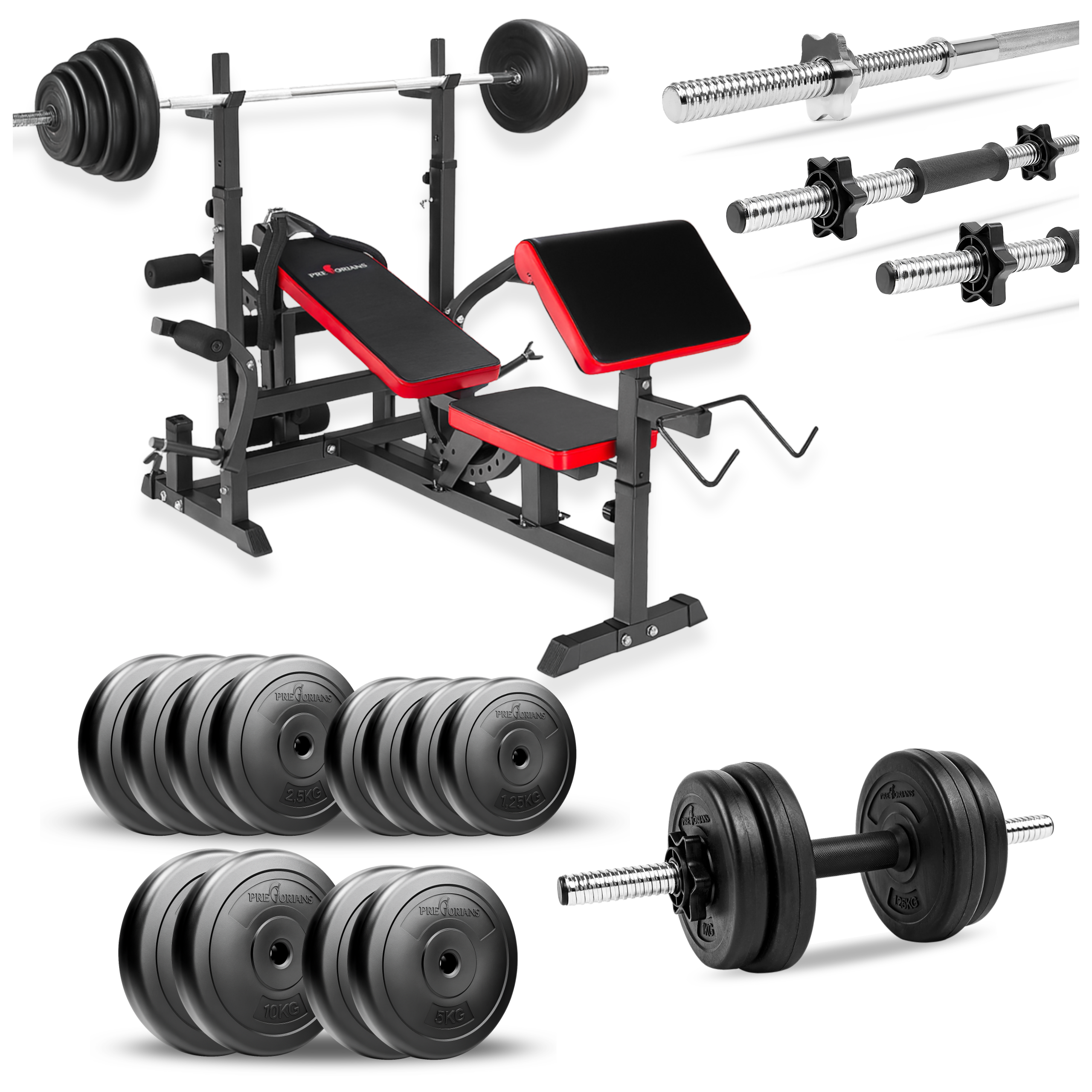Zestaw do ćwiczeń 95kg z ławką treningową PH20C - ławka, sztanga, obciążenie, hantle