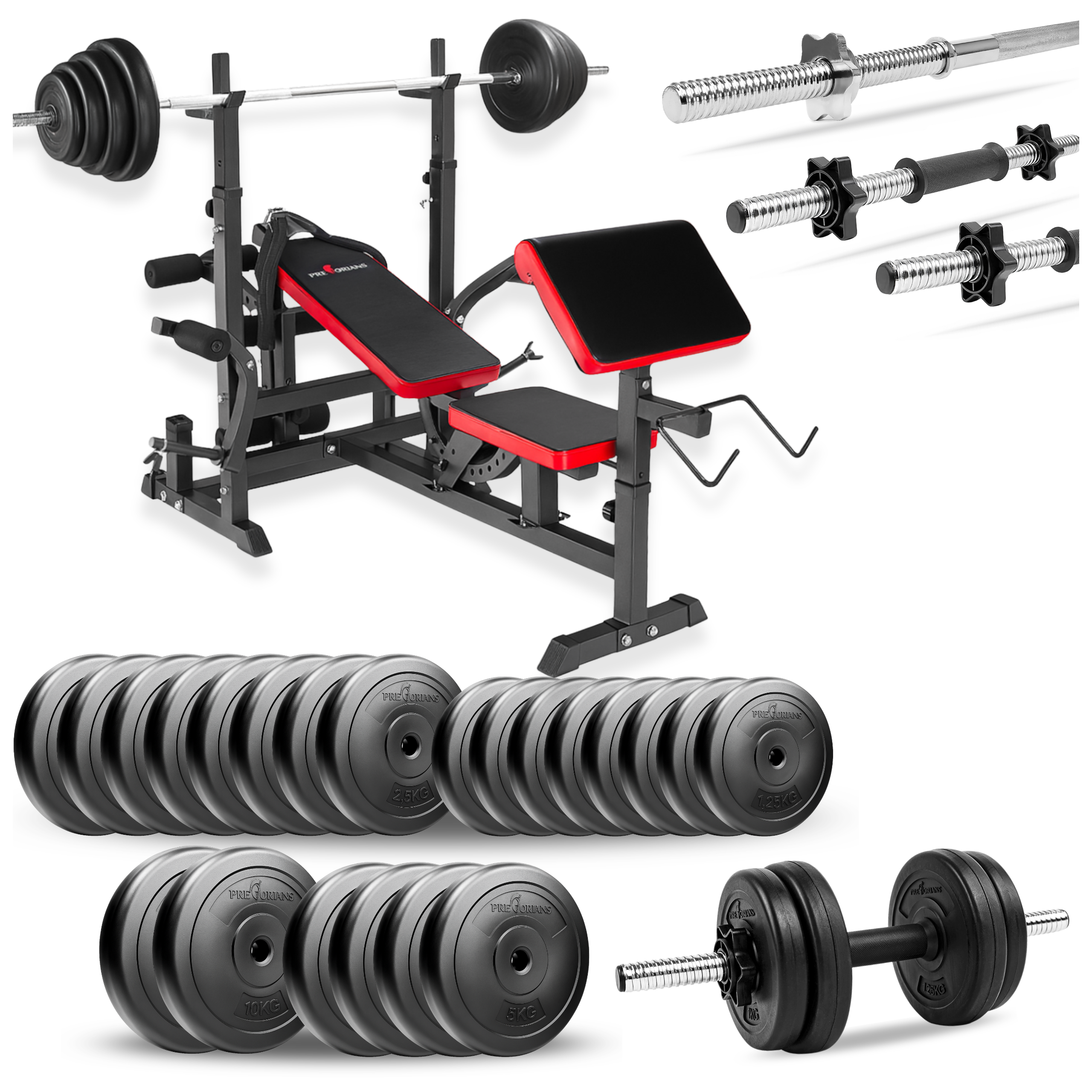 Zestaw do ćwiczeń 120kg z ławką treningową PH20C - ławka, sztanga, obciążenie, hantle
