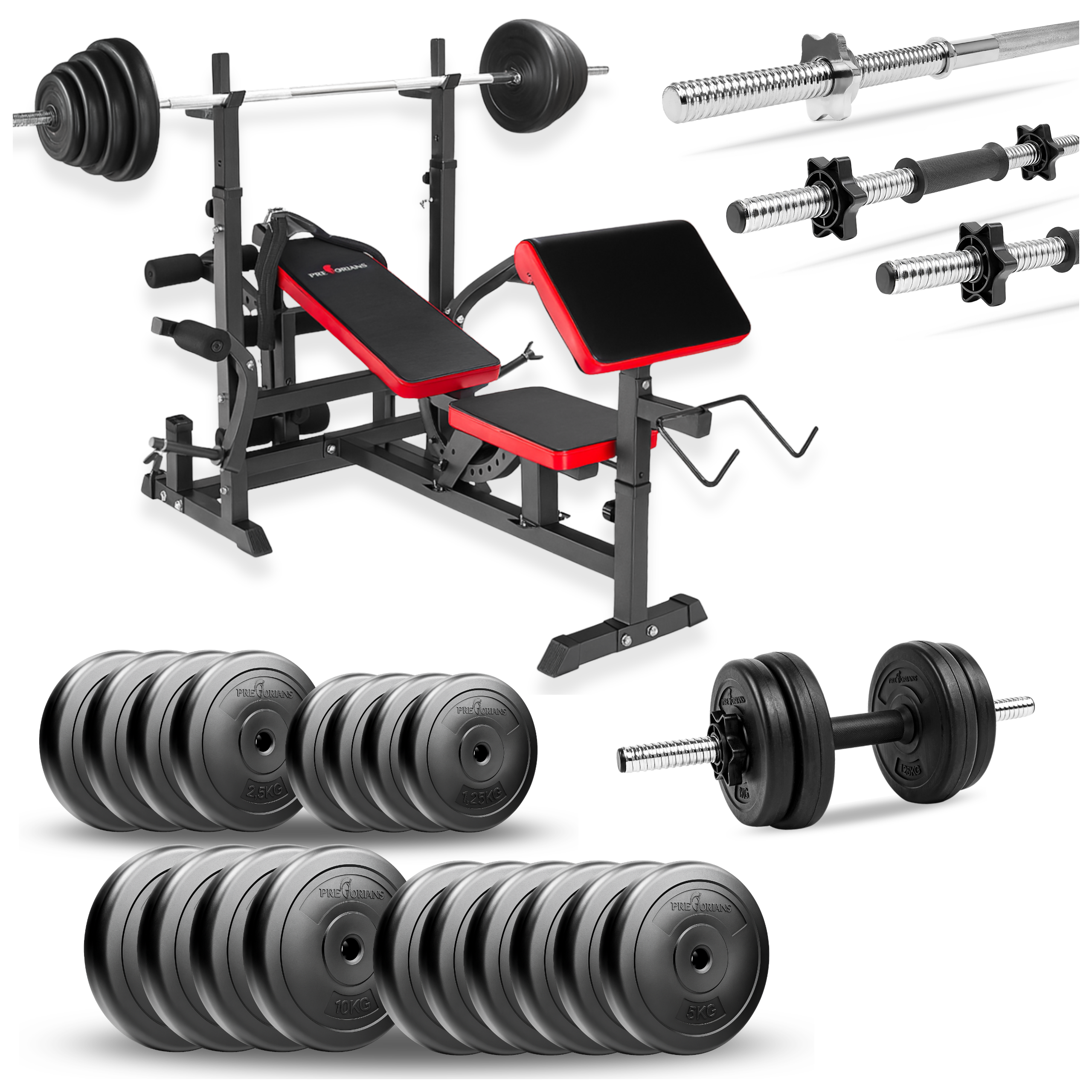 Zestaw do ćwiczeń 135kg z ławką treningową PH20C - ławka, sztanga, obciążenie, hantle