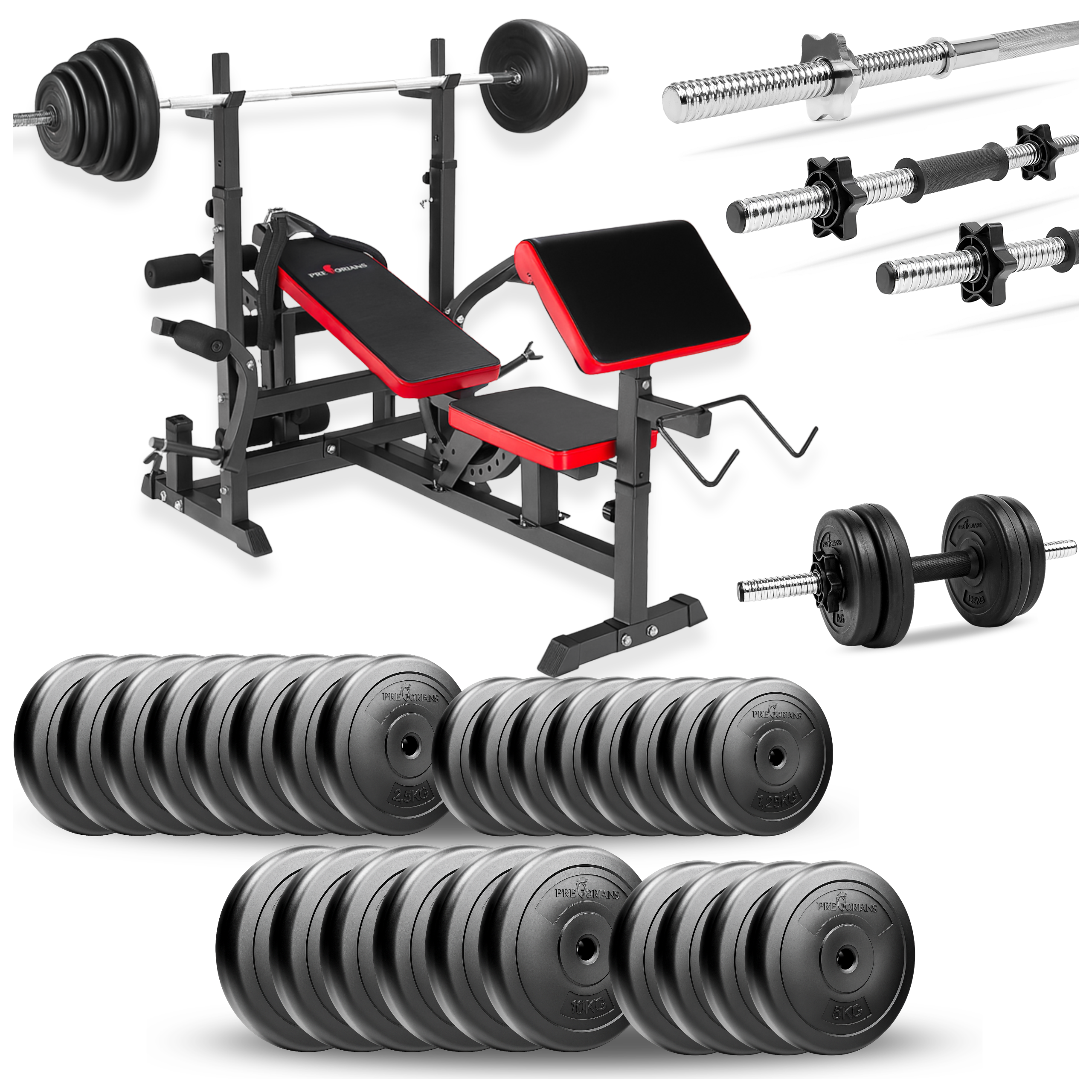 Zestaw do ćwiczeń 159kg z ławką treningową PH20C - ławka, sztanga, obciążenie, hantle