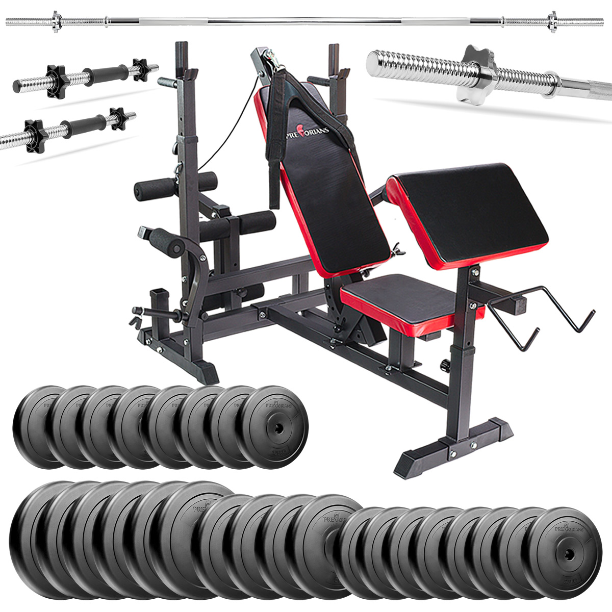 Zestaw do ćwiczeń 159kg z ławką treningową PH20C - ławka, sztanga, obciążenie, hantle