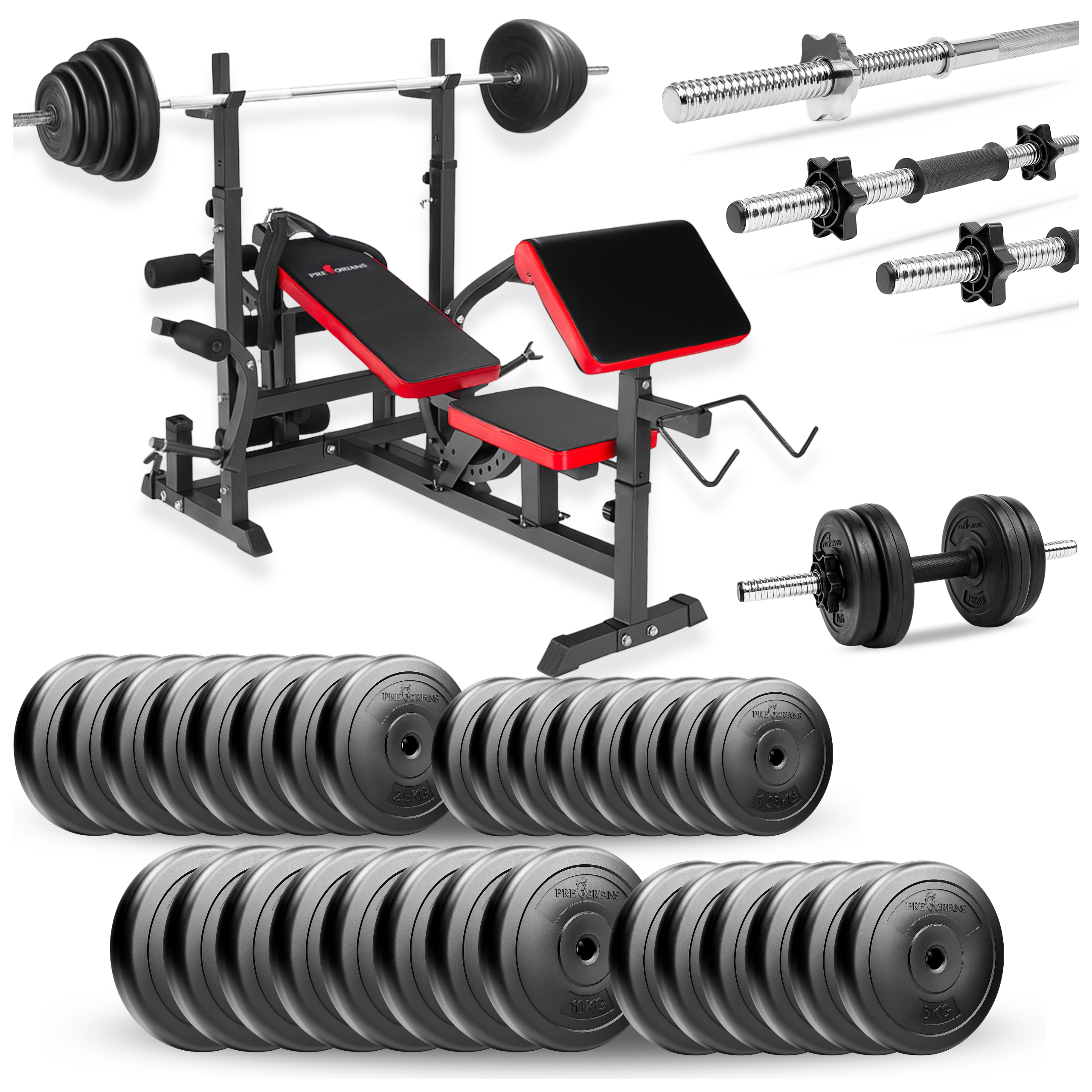 Zestaw do ćwiczeń 190kg z ławką treningową PH20C - ławka, sztanga, obciążenie, hantle