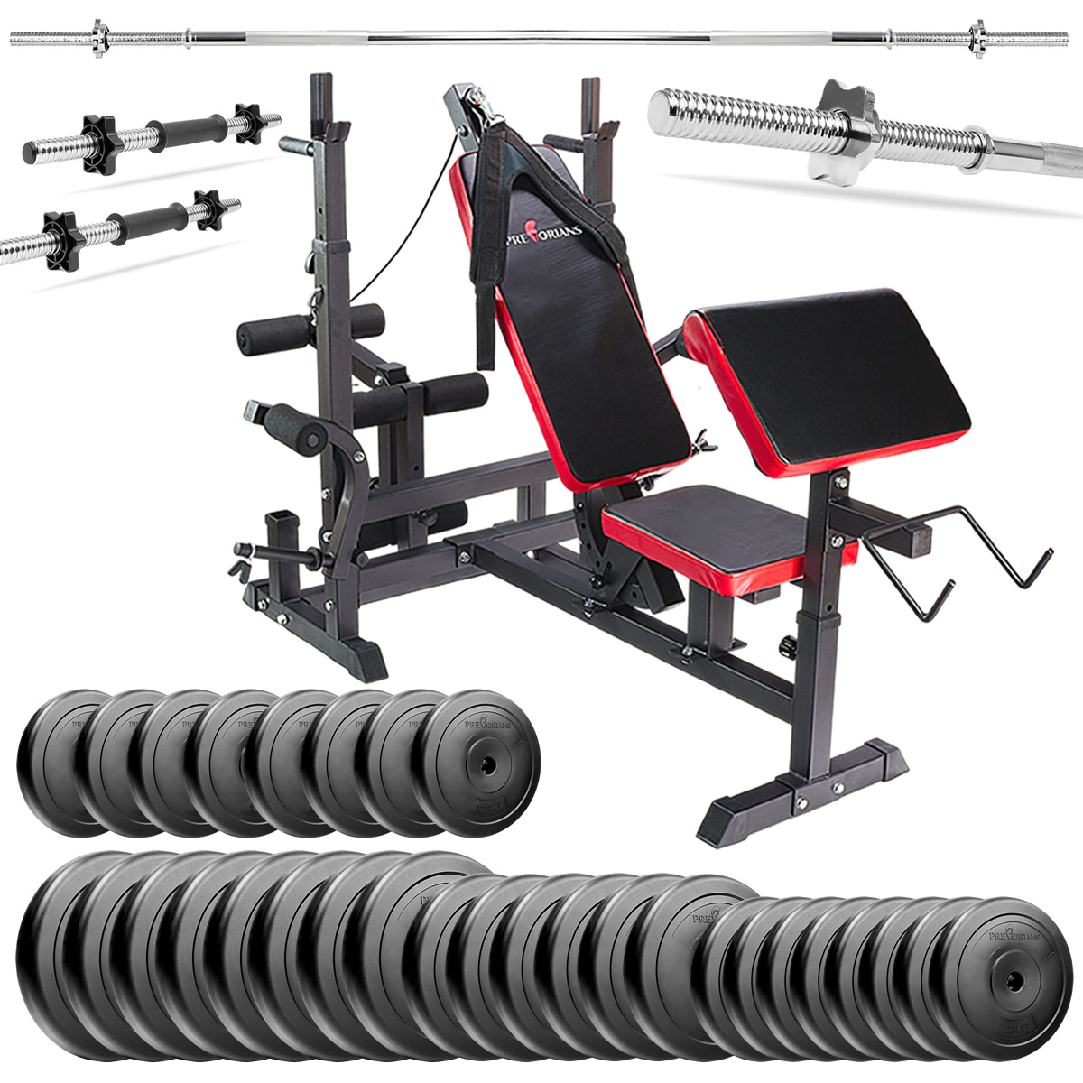 Zestaw do ćwiczeń 190kg z ławką treningową PH20C - ławka, sztanga, obciążenie, hantle