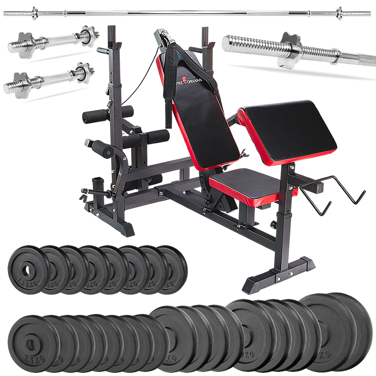 Zestaw do ćwiczeń 173kg z ławką treningową PH20C - ławka, gryf / sztanga, obciążenia żeliwne, hantle