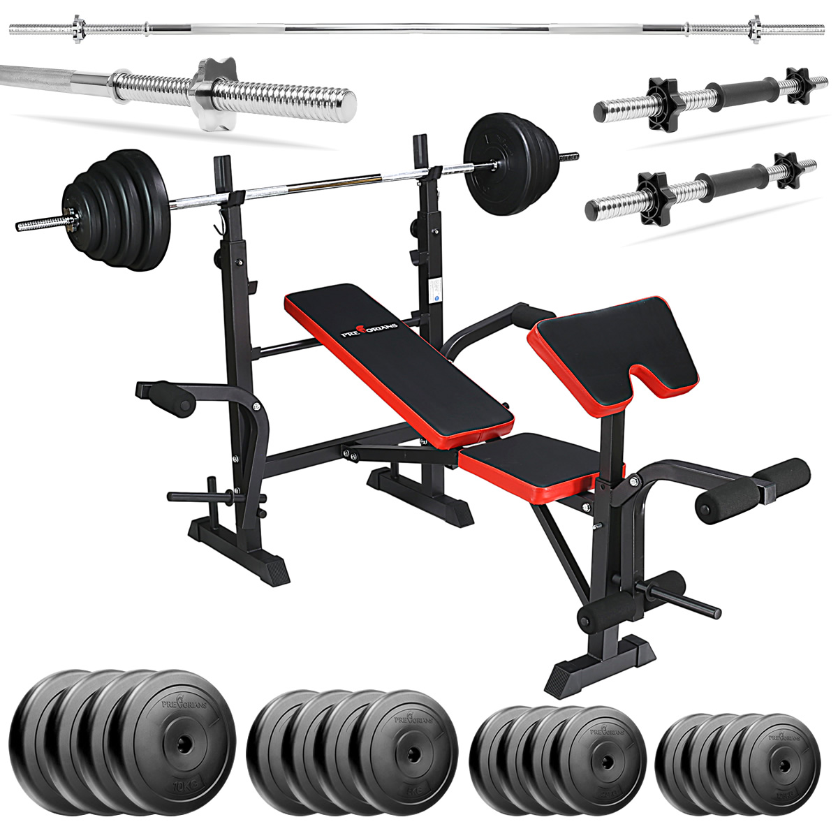Zestaw do ćwiczeń 110kg z ławką treningową PH 2131 - ławka, sztanga / gryf, hantle, obciążenie