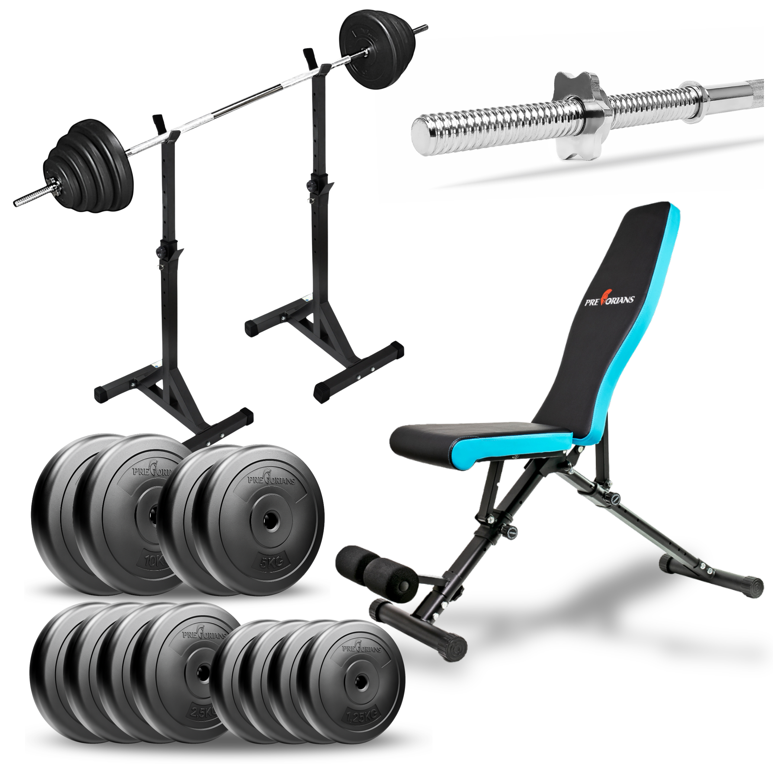 Zestaw do ćwiczeń 77kg z ławką treningową TB891, stojakami, sztangą / gryfem prostym 180 cm, obciążeniem 45 kg