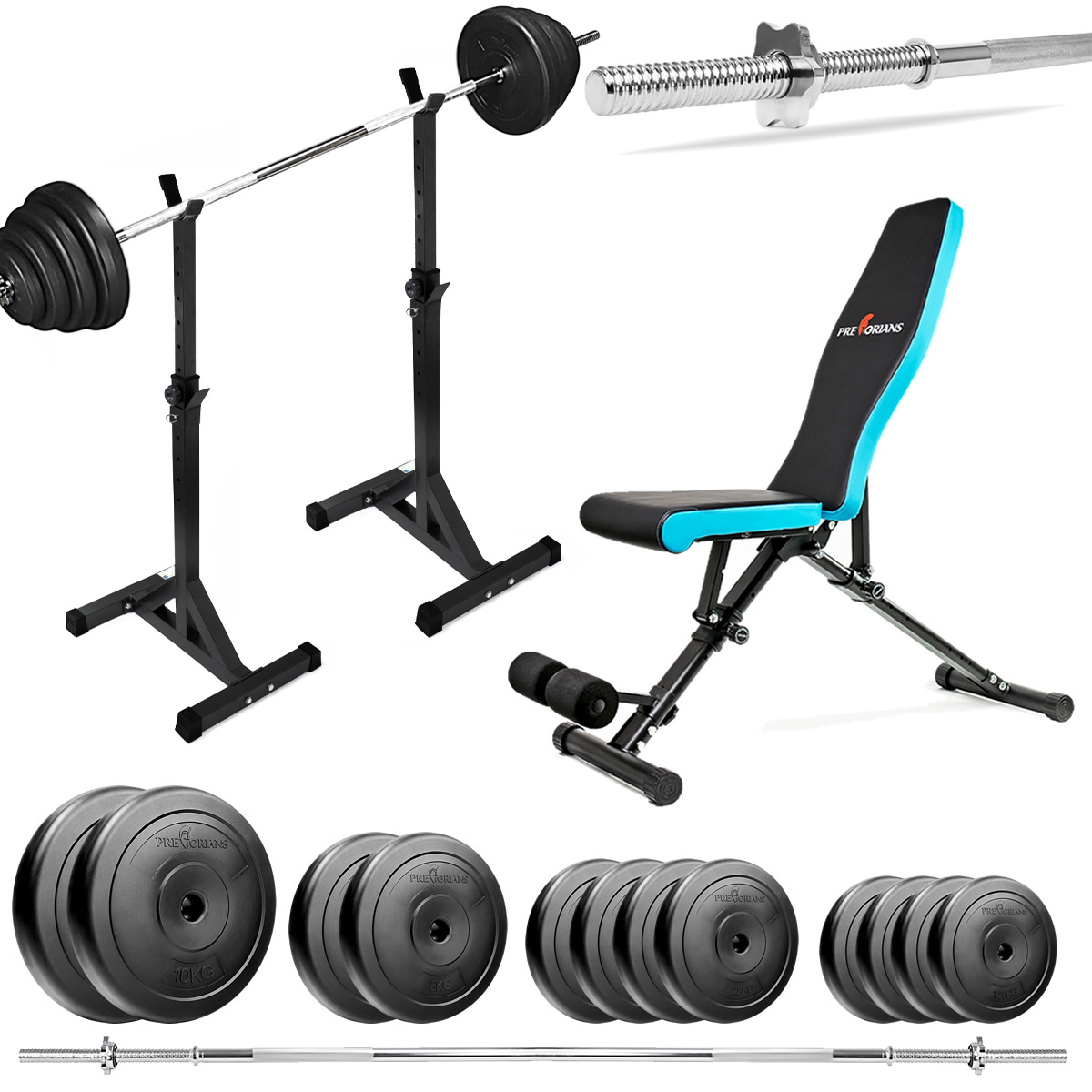 Zestaw do ćwiczeń 77kg z ławką treningową TB891, stojakami, sztangą / gryfem prostym 180 cm, obciążeniem 45 kg