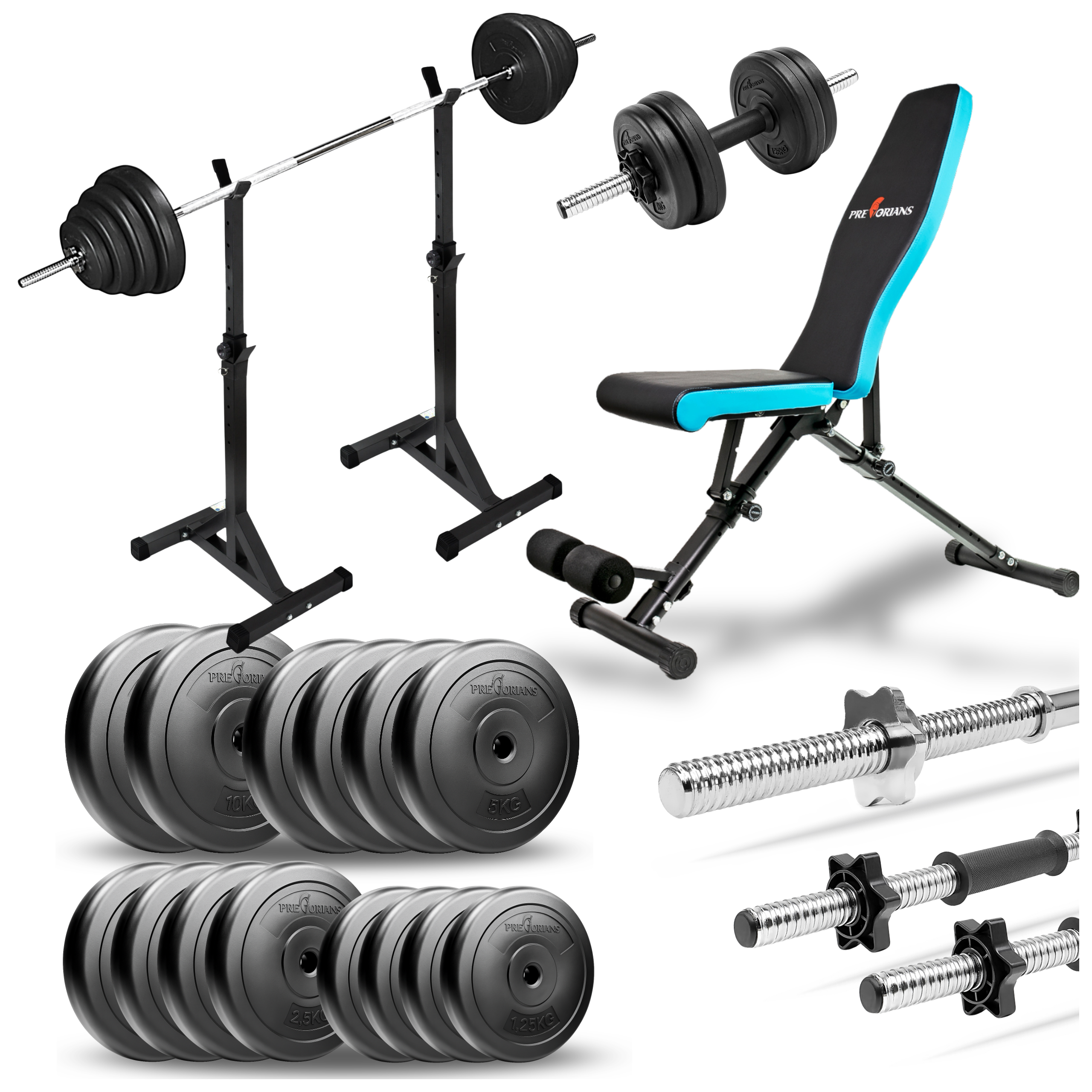 Zestaw do ćwiczeń 87kg z ławką treningową TB891, stojakami, sztangą / gryfem prostym 180cm, obciążeniem 55kg i hantlami