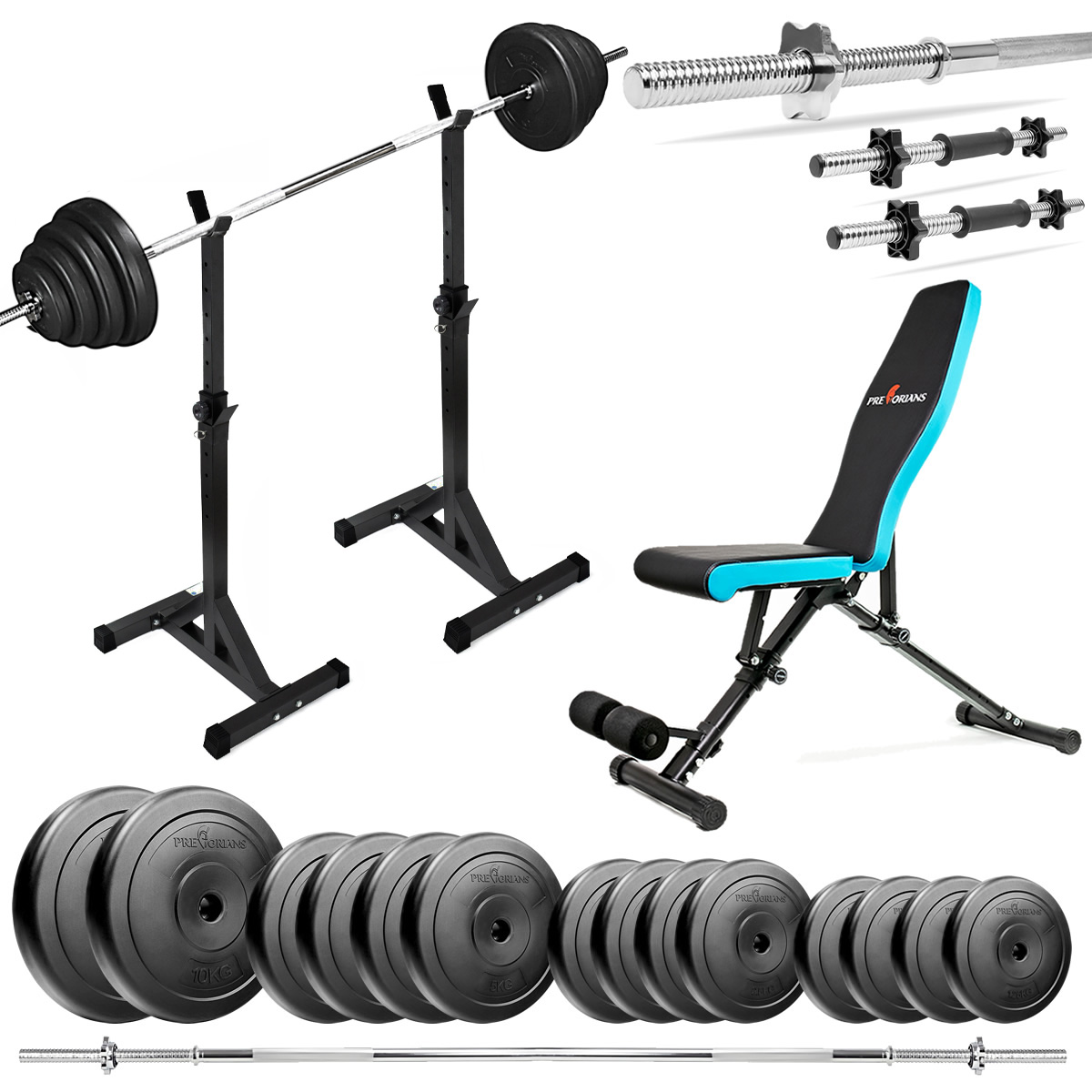 Zestaw do ćwiczeń 87kg z ławką treningową TB891, stojakami, sztangą / gryfem prostym 180cm, obciążeniem 55kg i hantlami