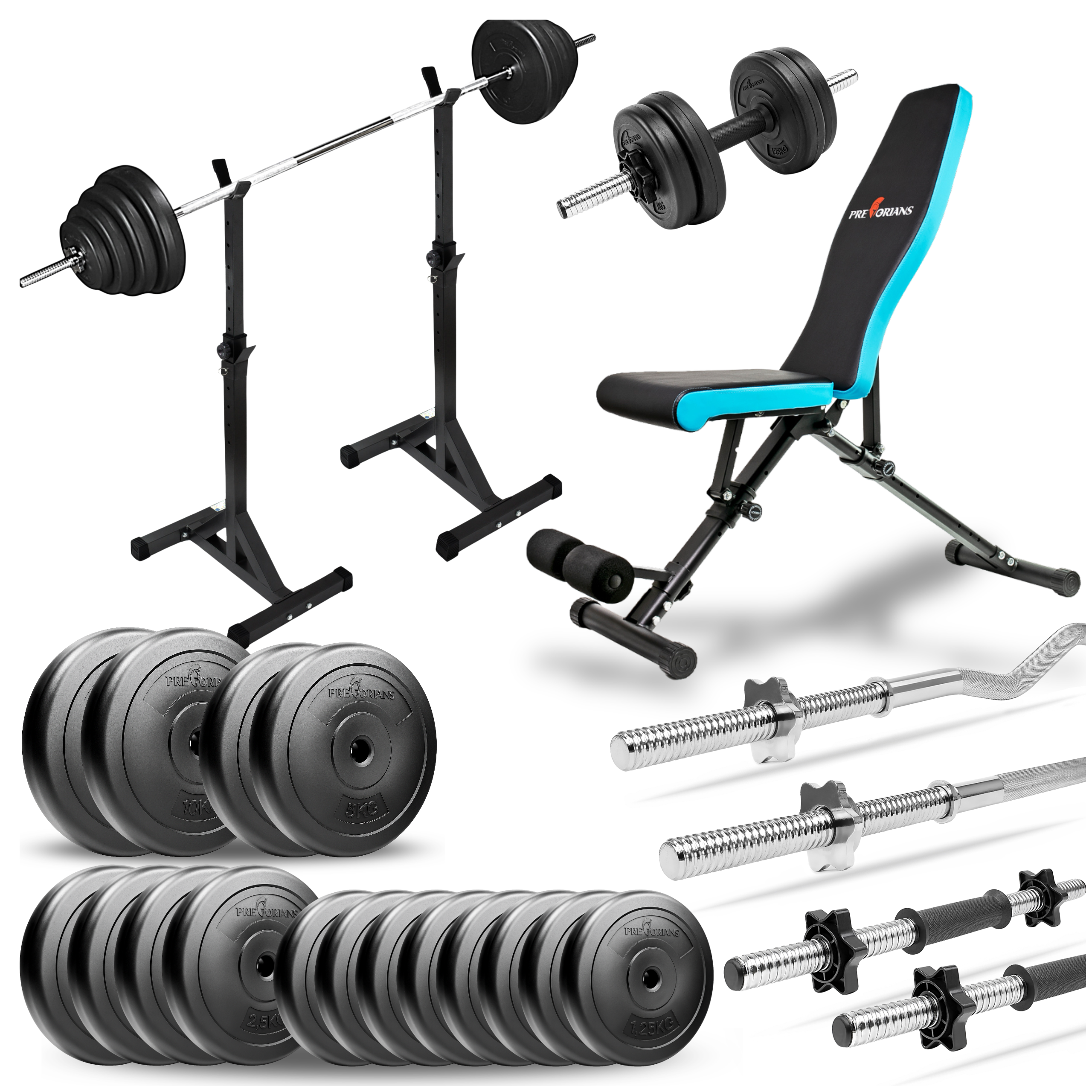 Zestaw do ćwiczeń 88kg z ławką treningową TB891, stojakami, sztangą / gryfem prostym 180cm, gryfem lekko łamanym 120cm, obciążeniem 50kg i hantlami