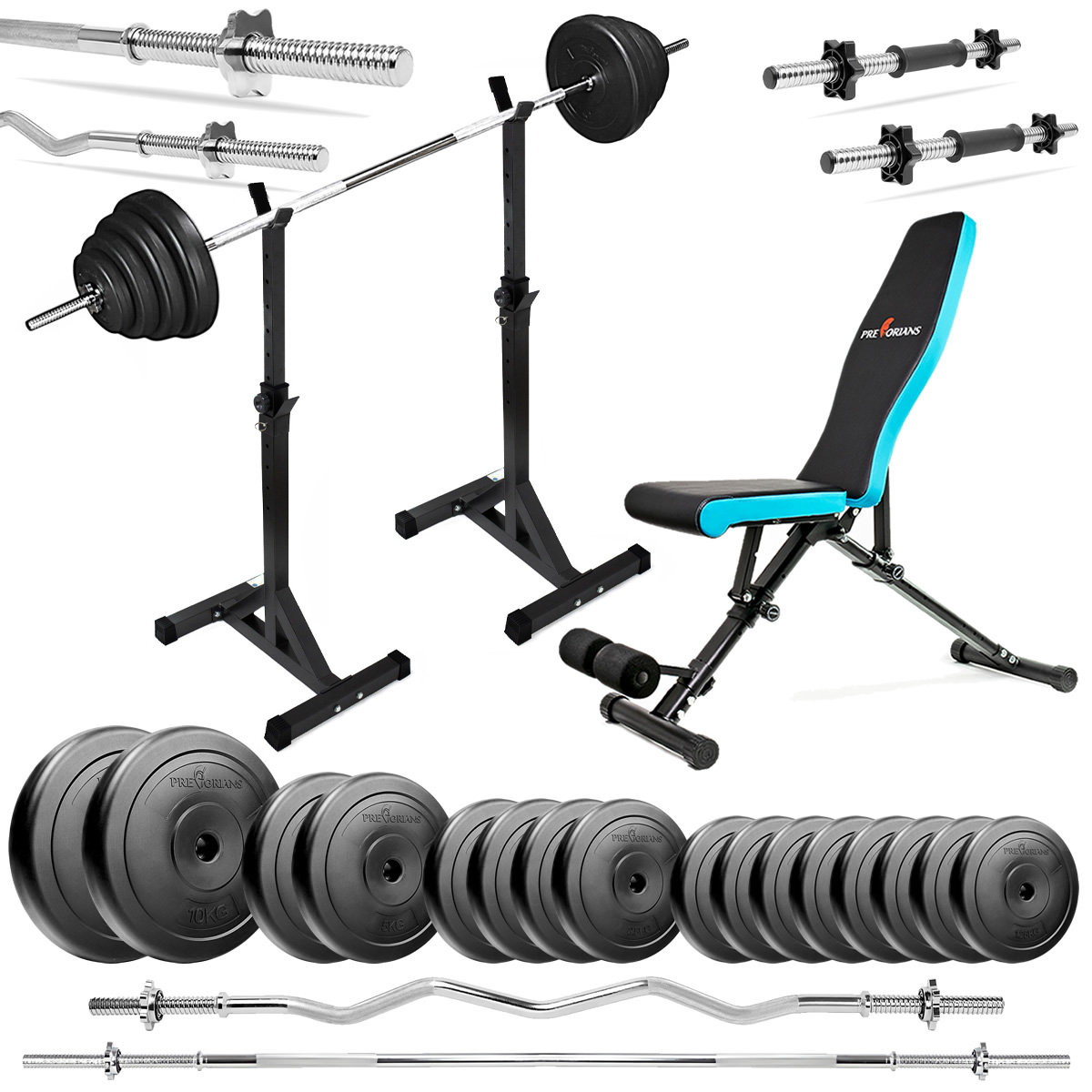 Zestaw do ćwiczeń 88kg z ławką treningową TB891, stojakami, sztangą / gryfem prostym 180cm, gryfem lekko łamanym 120cm, obciążeniem 50kg i hantlami