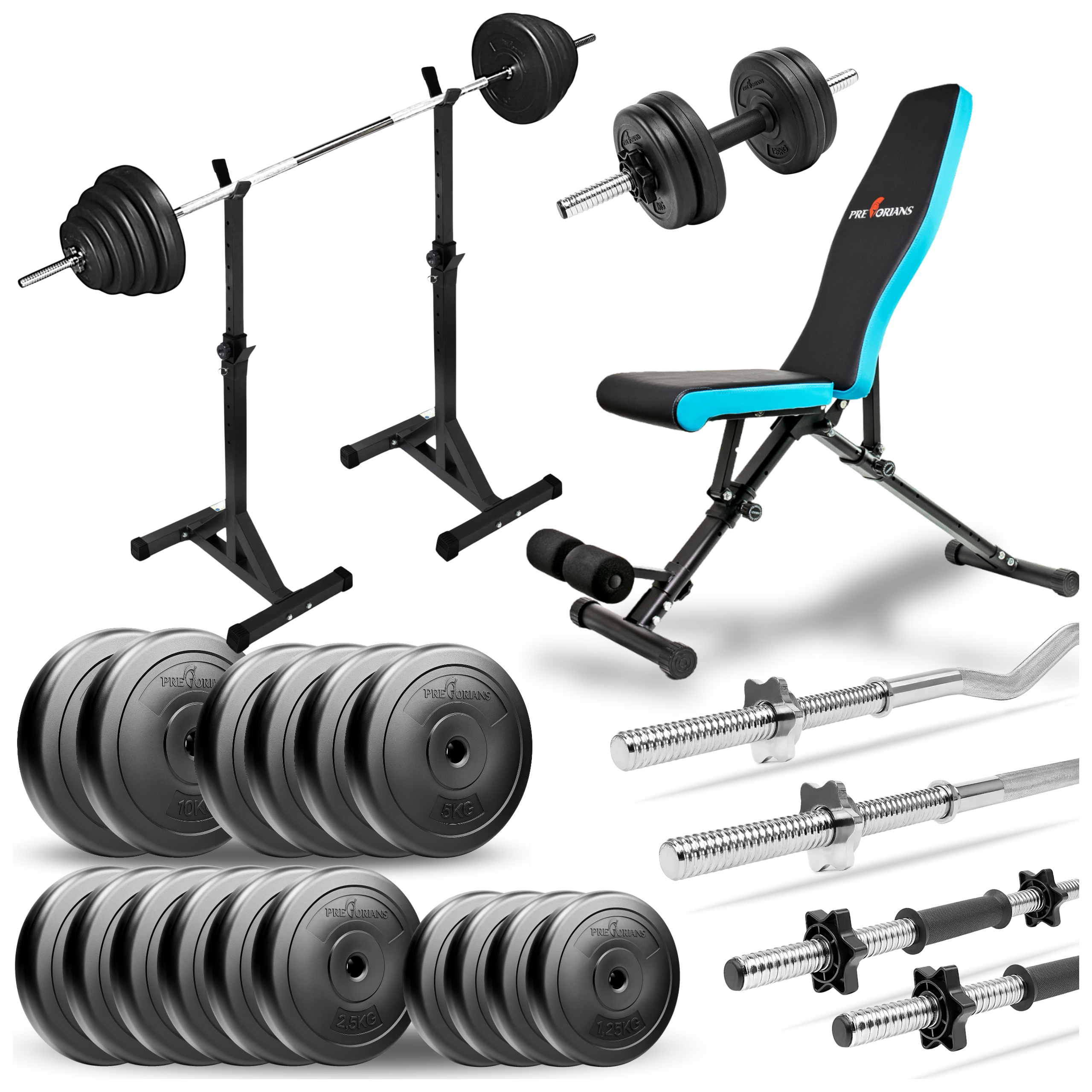 Zestaw do ćwiczeń 98kg z ławką treningową TB891, stojakami, sztangą / gryfem prostym 180cm, gryfem lekko łamanym 120cm, obciążeniem 60kg i hantlami