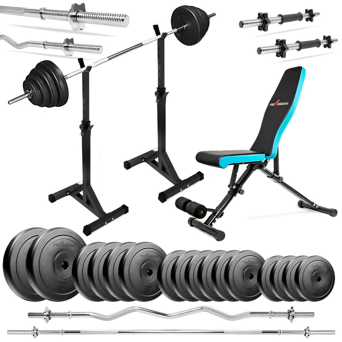 Zestaw do ćwiczeń 98kg z ławką treningową TB891, stojakami, sztangą / gryfem prostym 180cm, gryfem lekko łamanym 120cm, obciążeniem 60kg i hantlami