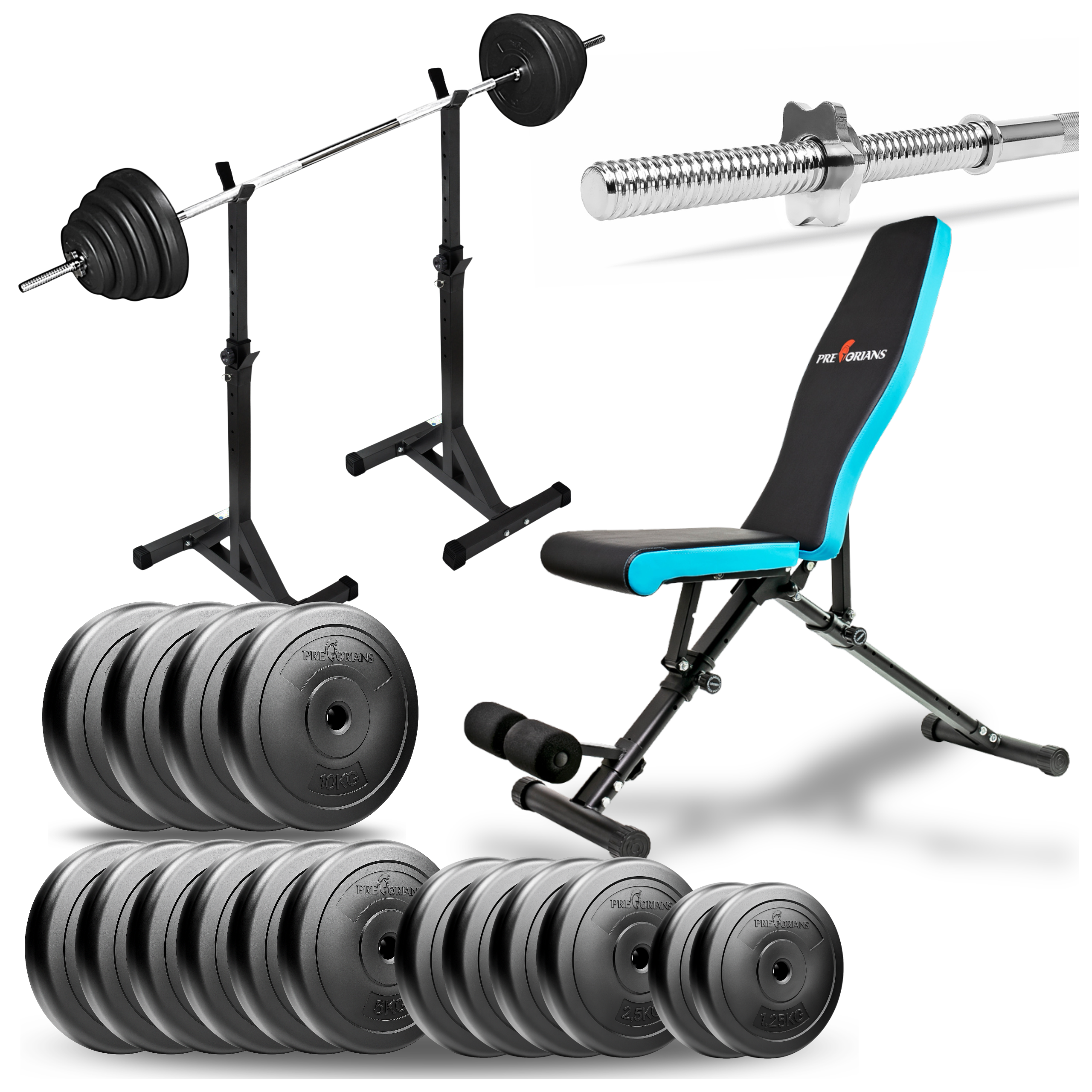 Zestaw do ćwiczeń 114kg z ławką treningową TB891, stojakami, sztangą / gryfem prostym 180cm, obciążeniem 82,5kg