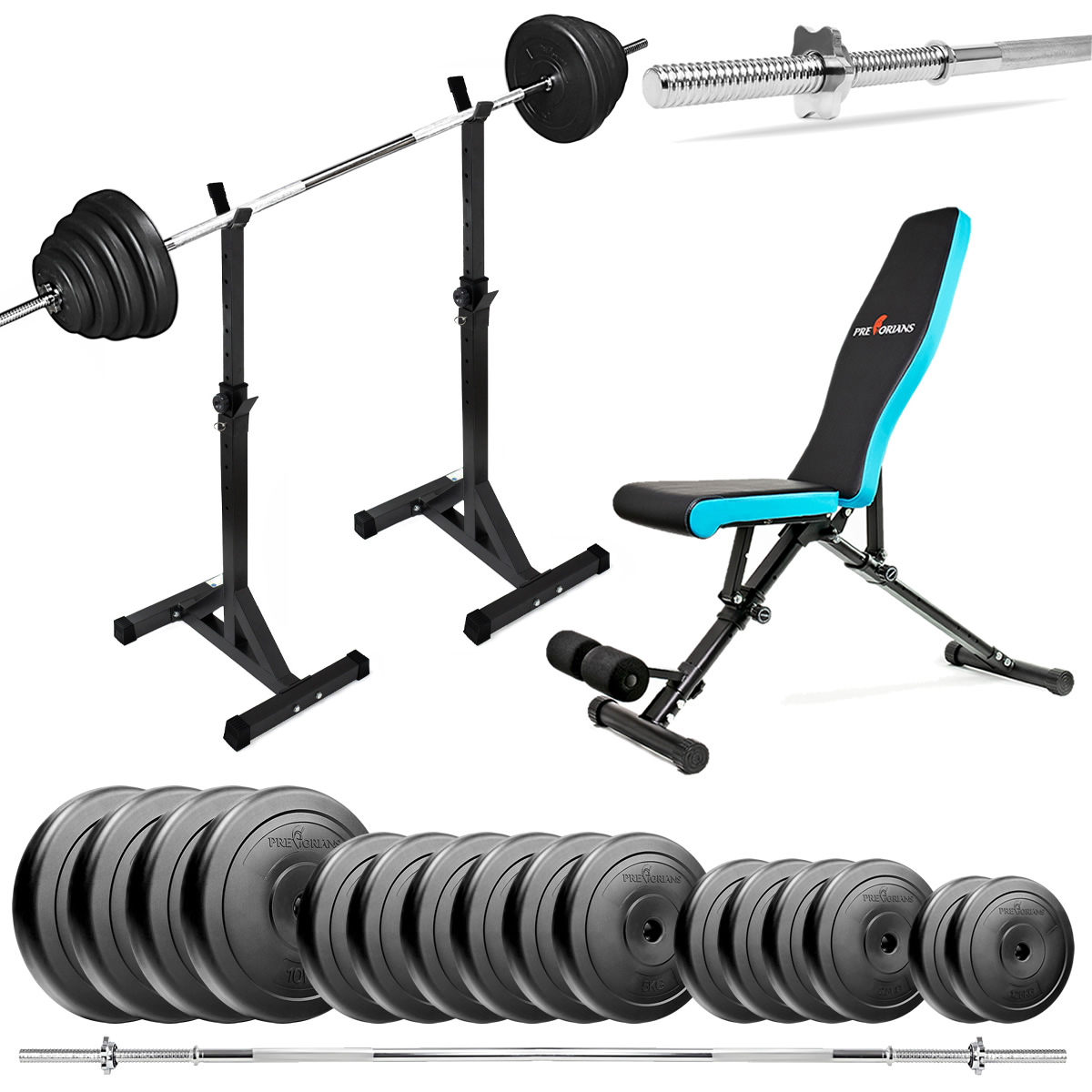 Zestaw do ćwiczeń 114kg z ławką treningową TB891, stojakami, sztangą / gryfem prostym 180cm, obciążeniem 82,5kg