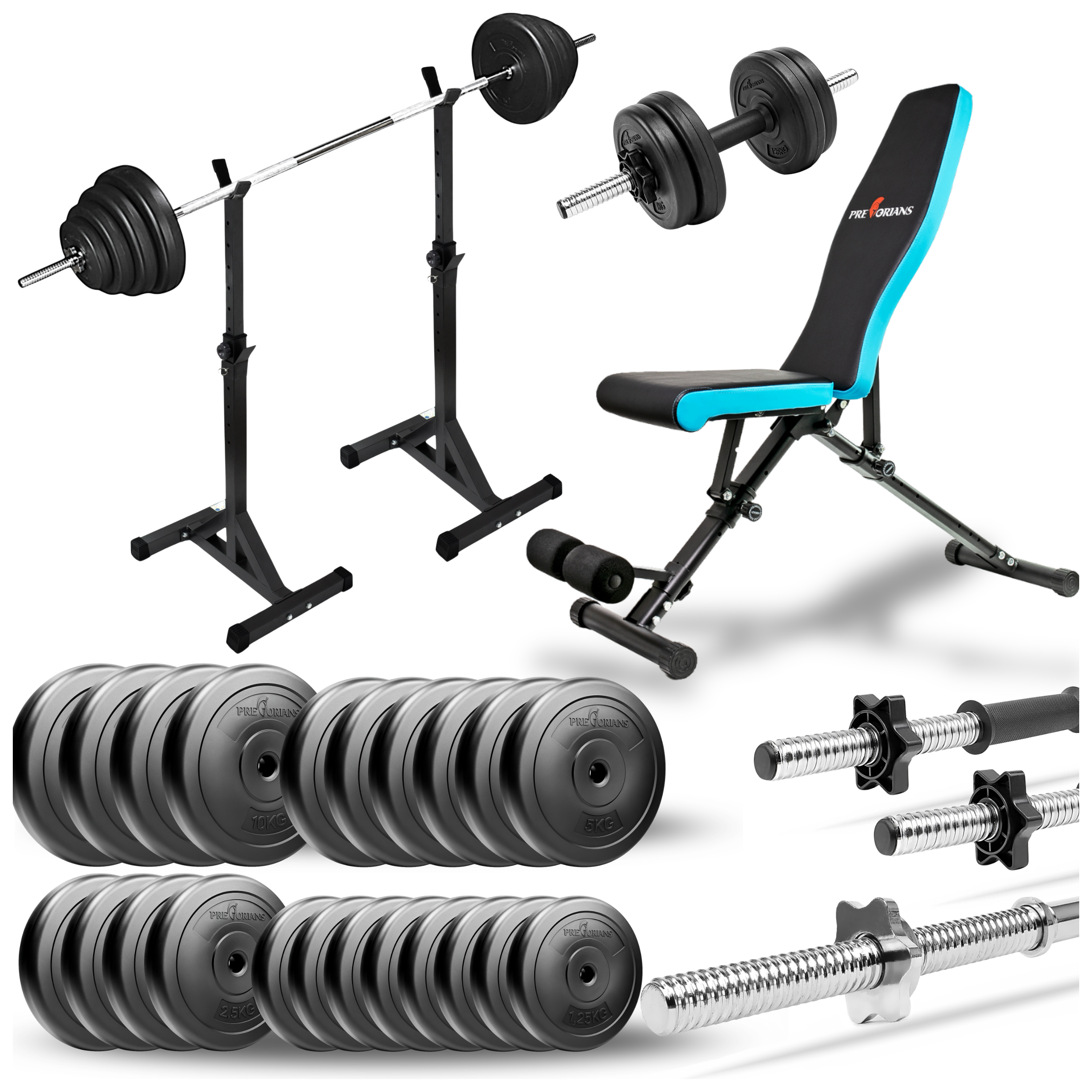 Zestaw do ćwiczeń 123kg z ławką treningową TB891, stojakami, sztangą / gryfem prostym 180cm, obciążeniem 90kg i hantlami