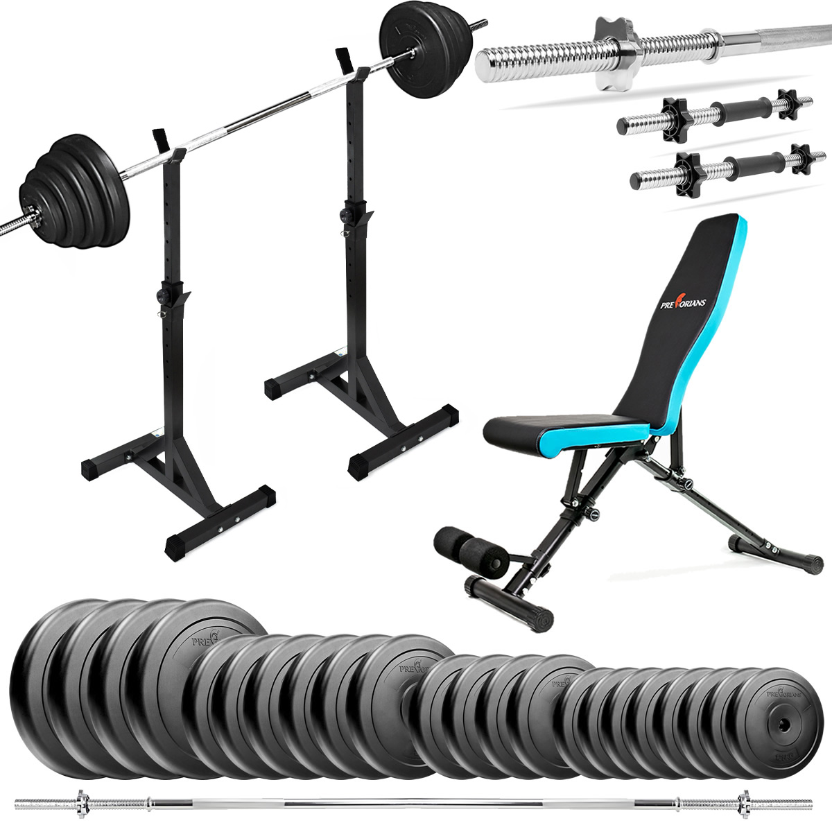 Zestaw do ćwiczeń 123kg z ławką treningową TB891, stojakami, sztangą / gryfem prostym 180cm, obciążeniem 90kg i hantlami