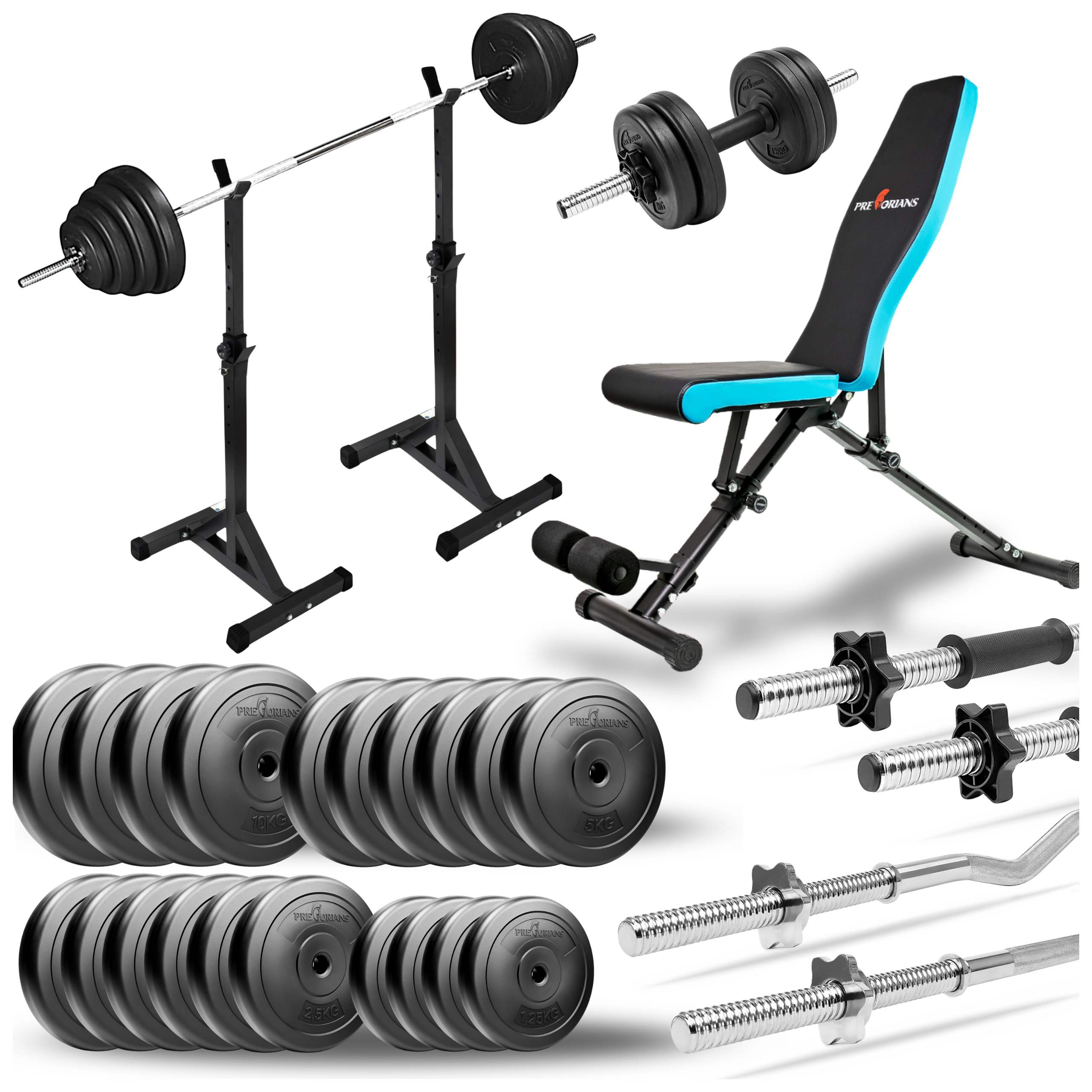 Zestaw do ćwiczeń 128kg z ławką treningową TB891, stojakami, sztangą / gryfem prostym 180cm, gryfem lekko łamanym 120cm, obciążeniem 90kg i hantlami