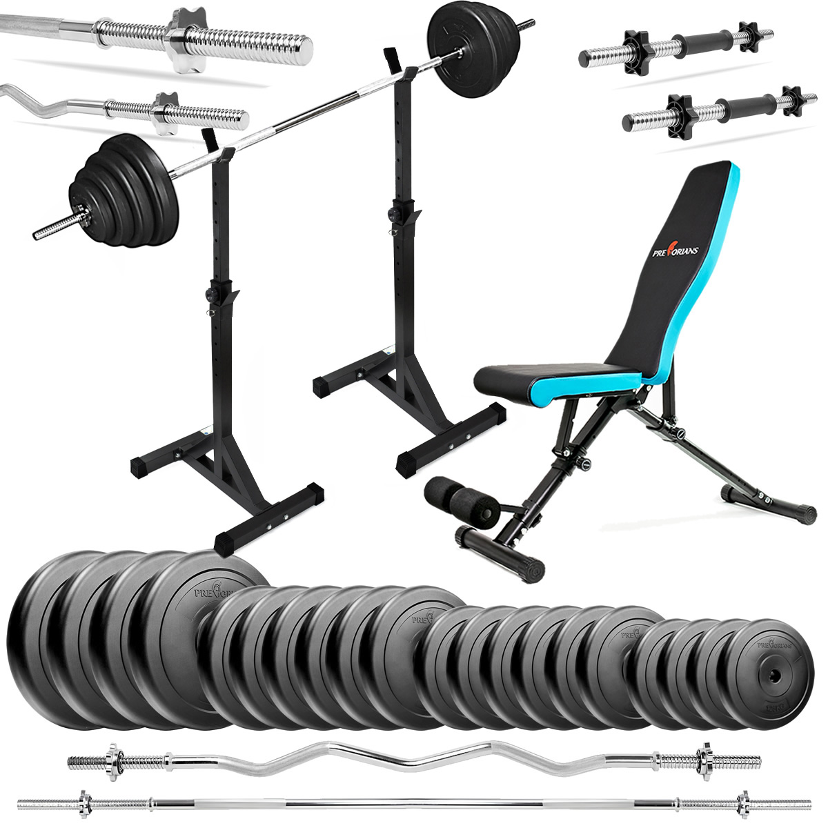 Zestaw do ćwiczeń 128kg z ławką treningową TB891, stojakami, sztangą / gryfem prostym 180cm, gryfem lekko łamanym 120cm, obciążeniem 90kg i hantlami