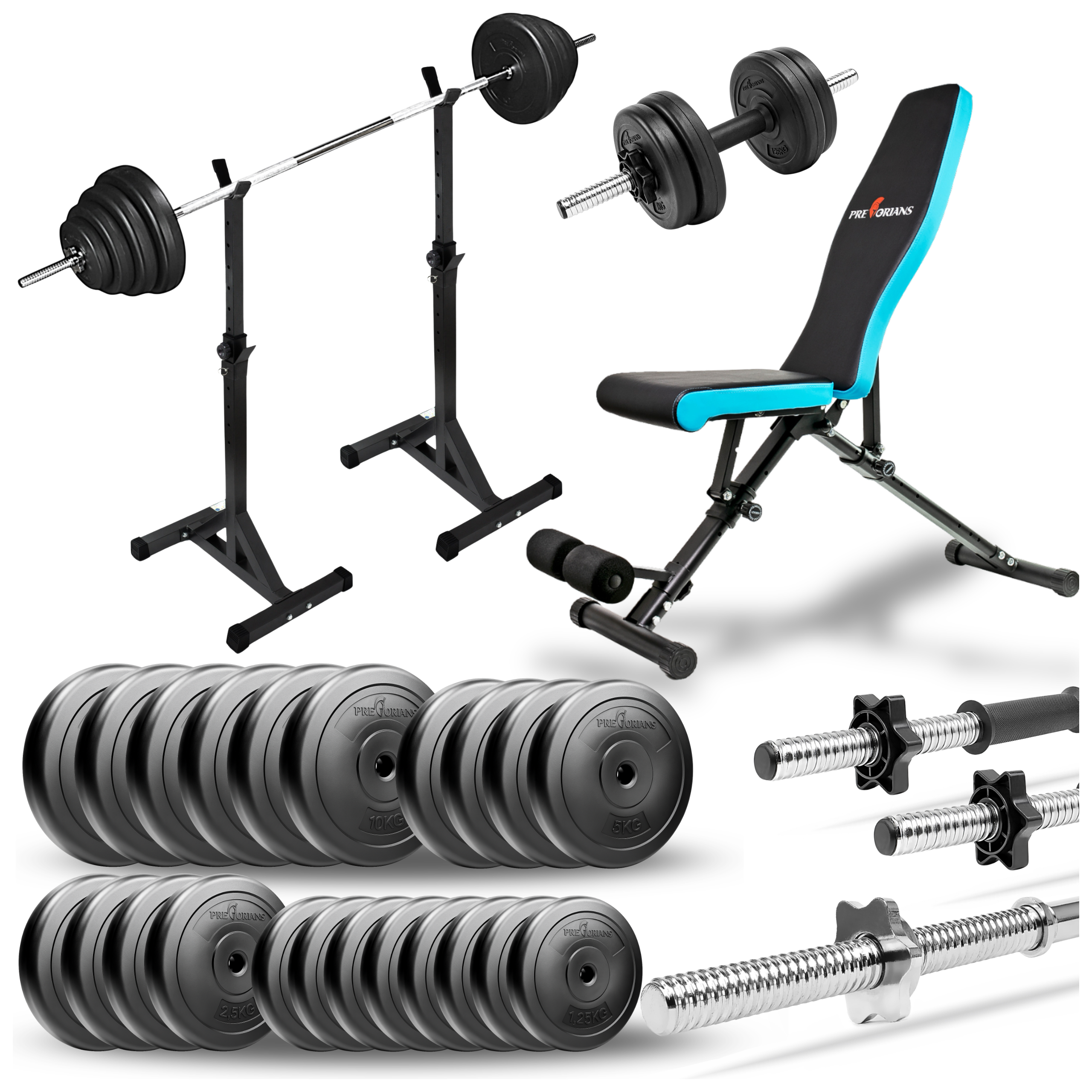 Zestaw do ćwiczeń 133kg z ławką treningową TB891, stojakami, sztangą / gryfem prostym 180cm, obciążeniem 100kg i hantlami