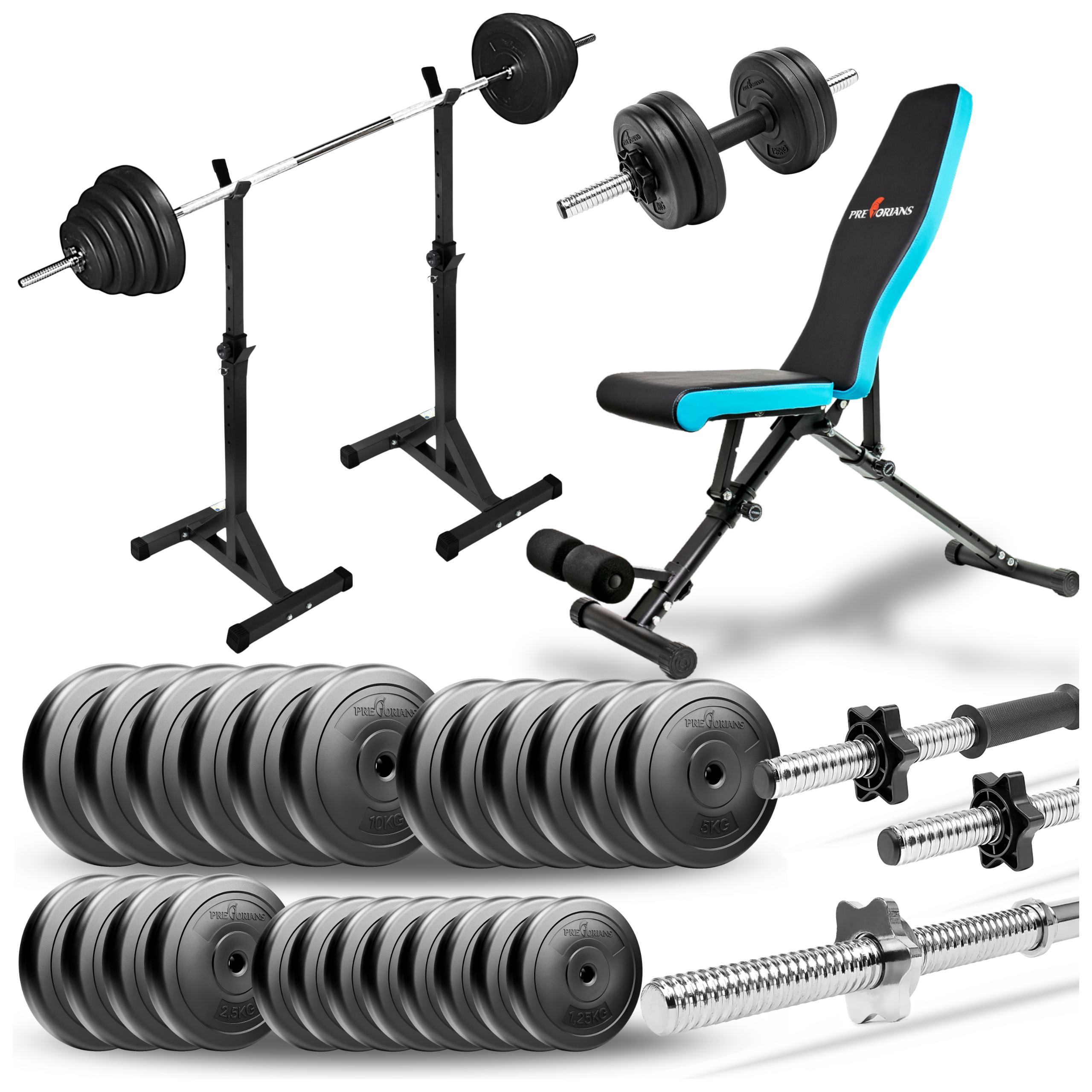 Zestaw do ćwiczeń 143kg z ławką treningową TB891, stojakami, sztangą / gryfem prostym 180cm, obciążeniem 110kg i hantlami