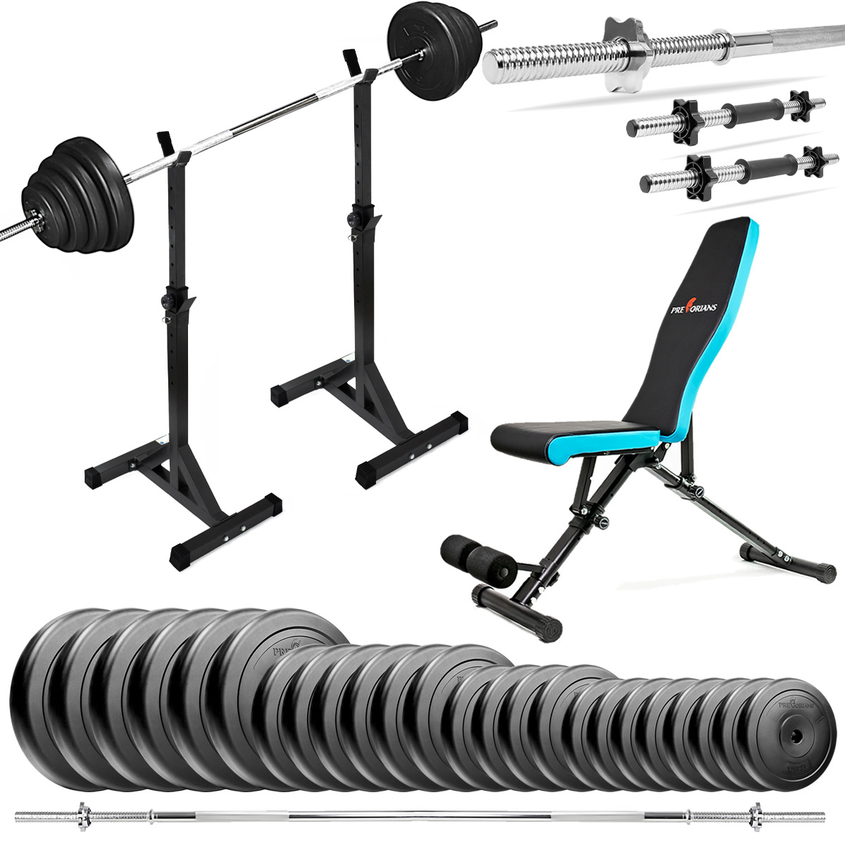 Zestaw do ćwiczeń 143kg z ławką treningową TB891, stojakami, sztangą / gryfem prostym 180cm, obciążeniem 110kg i hantlami