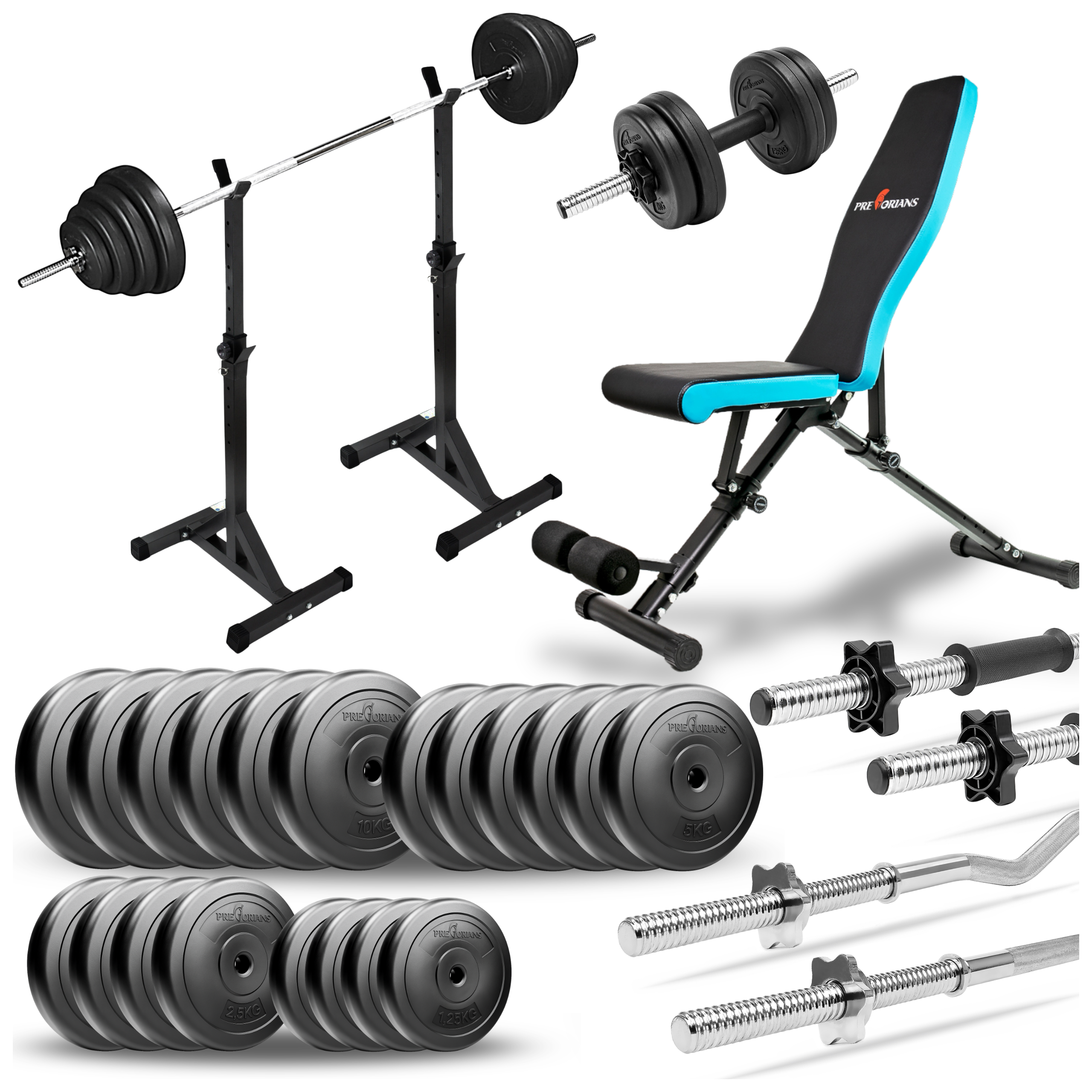 Zestaw do ćwiczeń 143kg z ławką treningową TB891, stojakami, sztangą / gryfem prostym 180cm, gryfem lekko łamanym 120cm, obciążeniem 105kg i hantlami