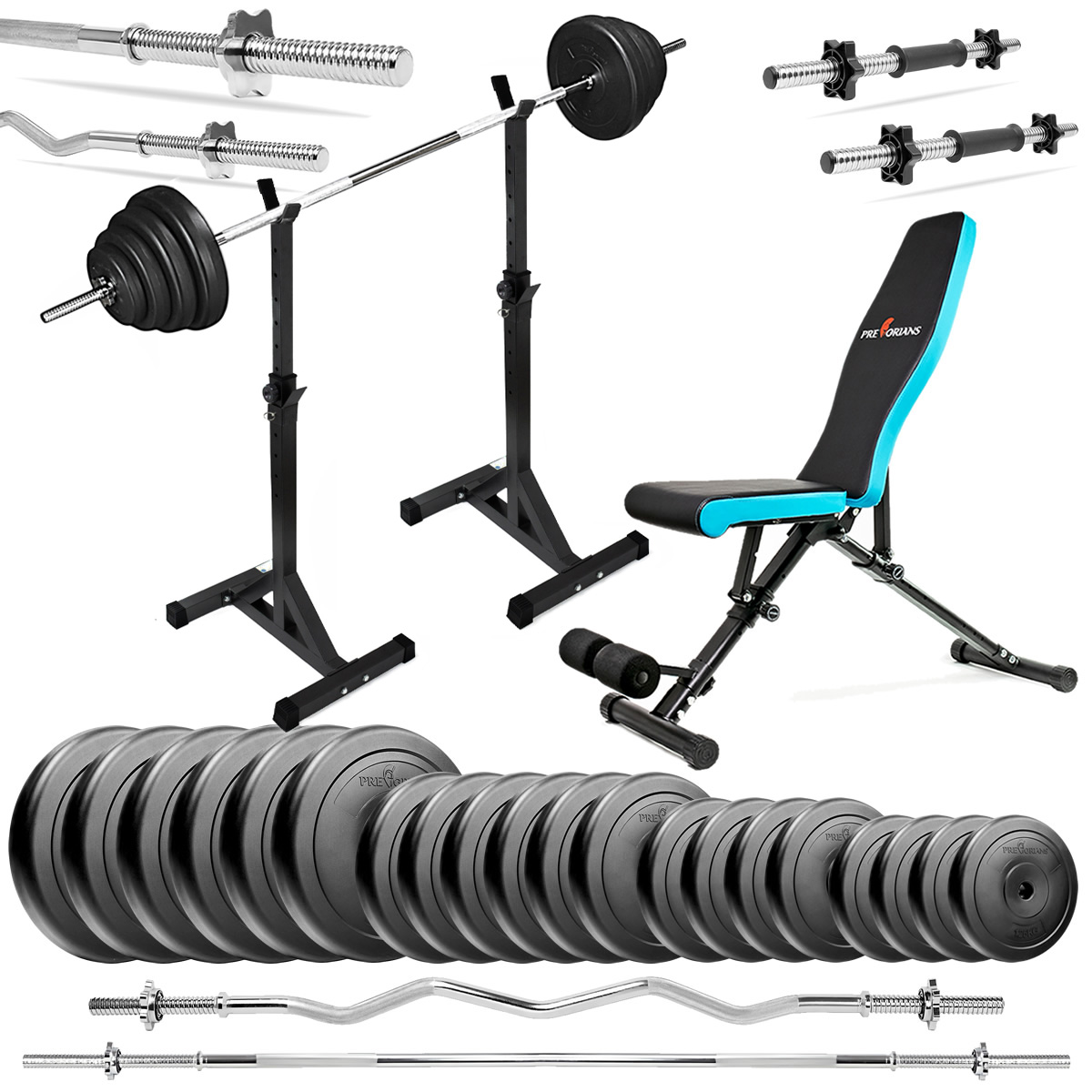 Zestaw do ćwiczeń 143kg z ławką treningową TB891, stojakami, sztangą / gryfem prostym 180cm, gryfem lekko łamanym 120cm, obciążeniem 105kg i hantlami