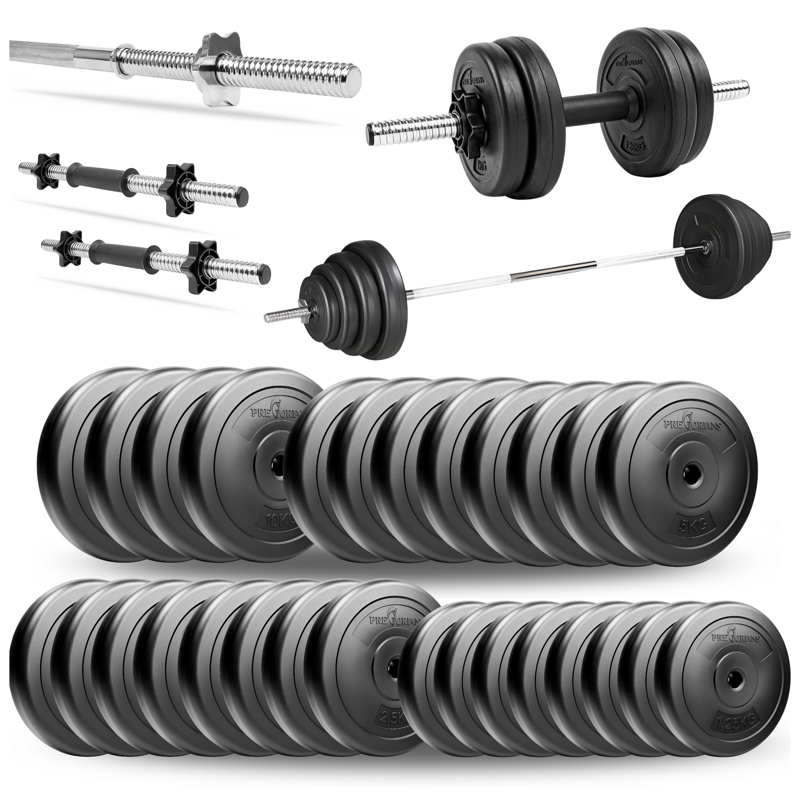 Zestaw do ćwiczeń 118kg - ze sztangą / gryfem prostym 180 cm, nakładem obciążeń i hantlami